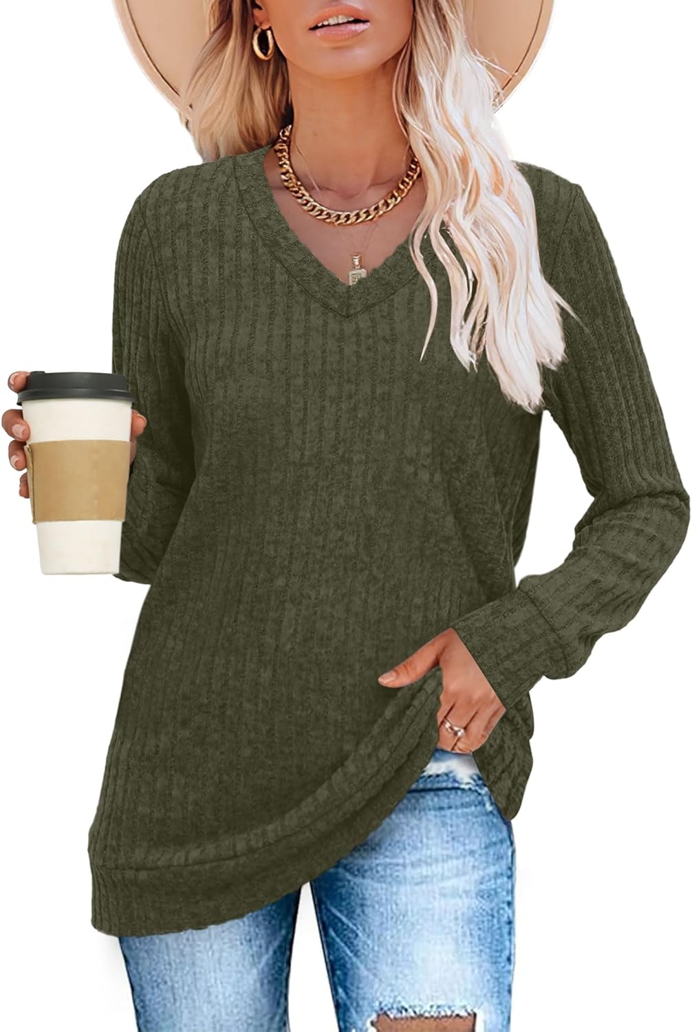 Women V Neck Long Sleeve Shirt Casual Fall Top Lightweight Tunic Sweater Clothes - Picture 121 of 128