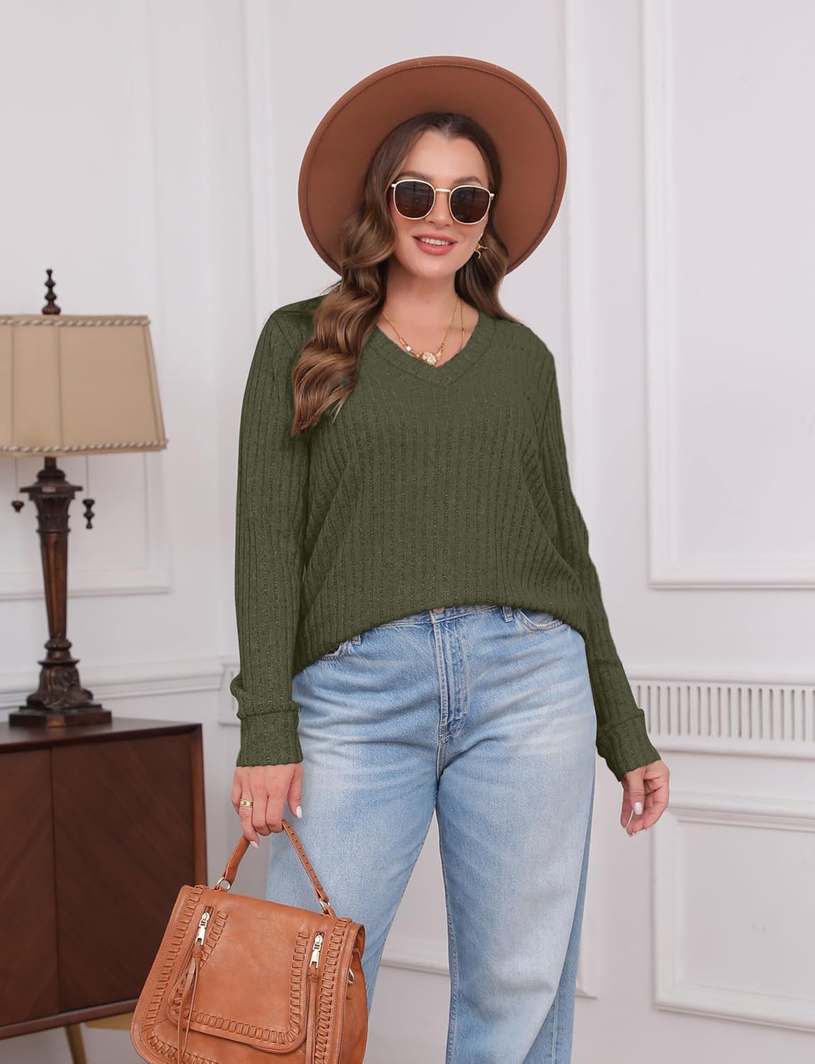 Women V Neck Long Sleeve Shirt Casual Fall Top Lightweight Tunic Sweater Clothes - Picture 122 of 128