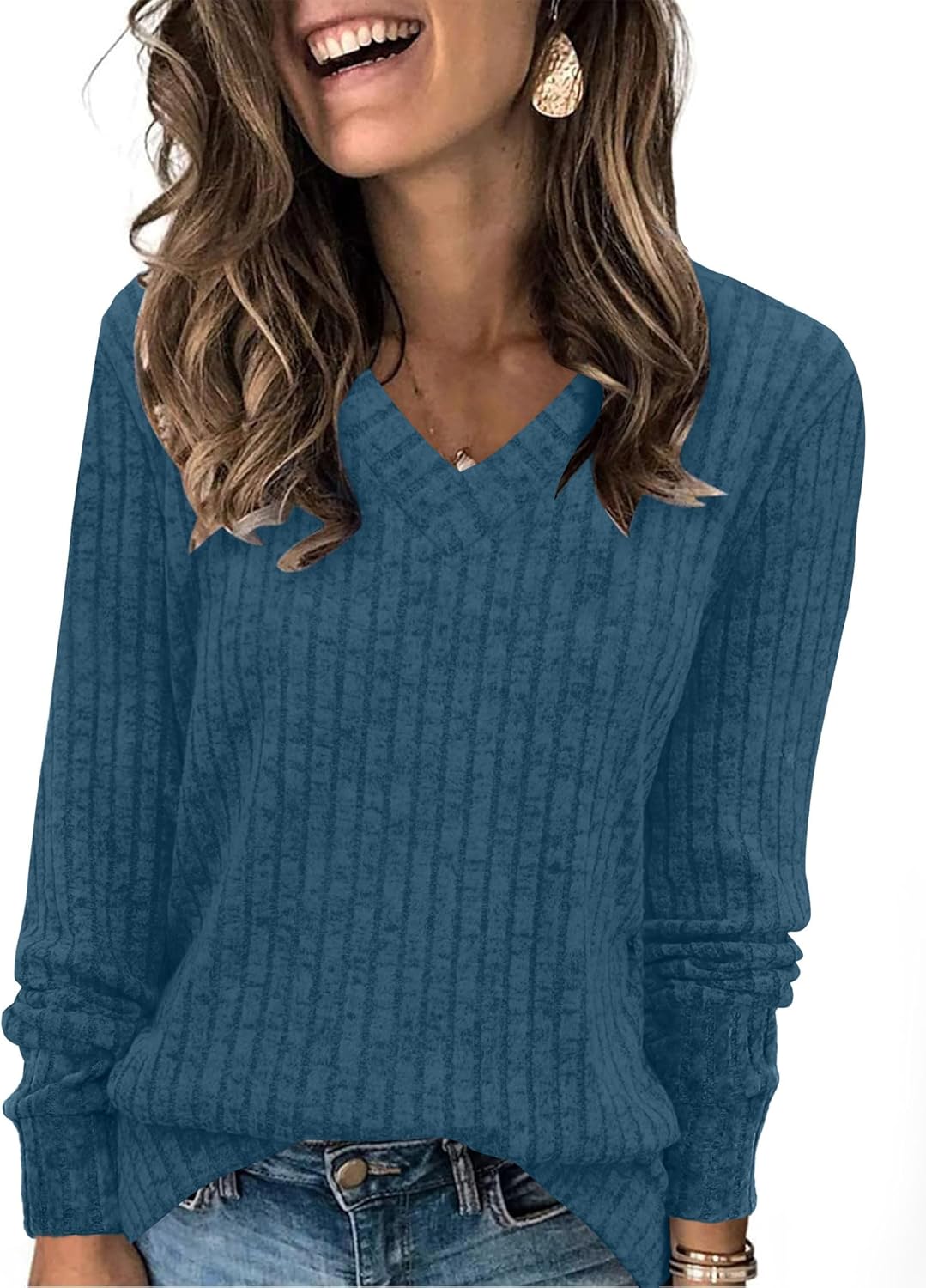 Women V Neck Long Sleeve Shirt Casual Fall Top Lightweight Tunic Sweater Clothes - Picture 124 of 128