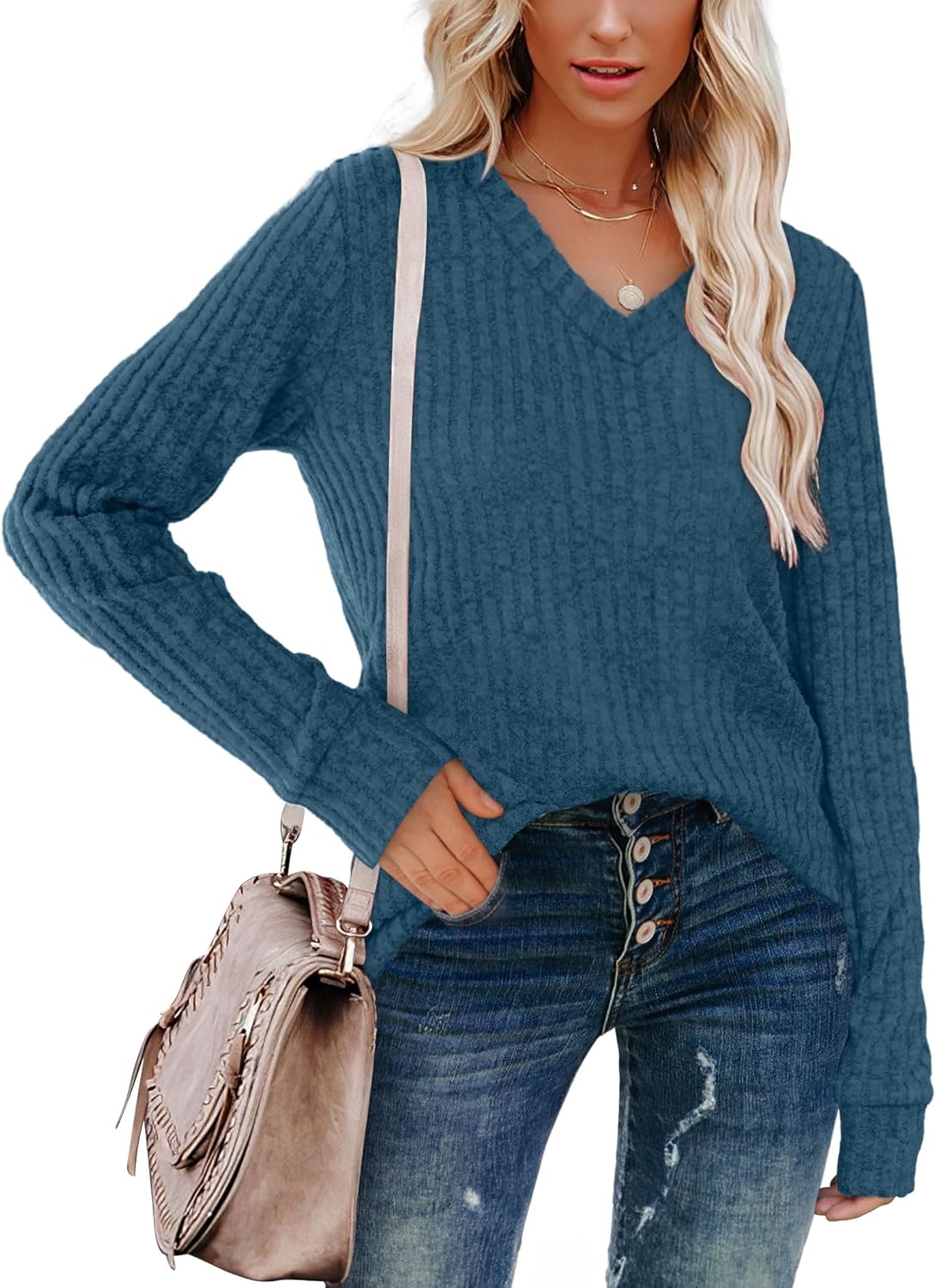 Women V Neck Long Sleeve Shirt Casual Fall Top Lightweight Tunic Sweater Clothes - Picture 125 of 128