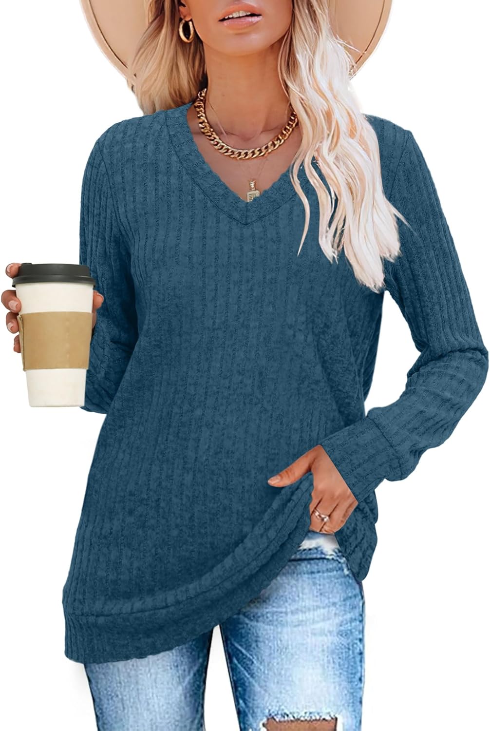 Women V Neck Long Sleeve Shirt Casual Fall Top Lightweight Tunic Sweater Clothes - Picture 126 of 128