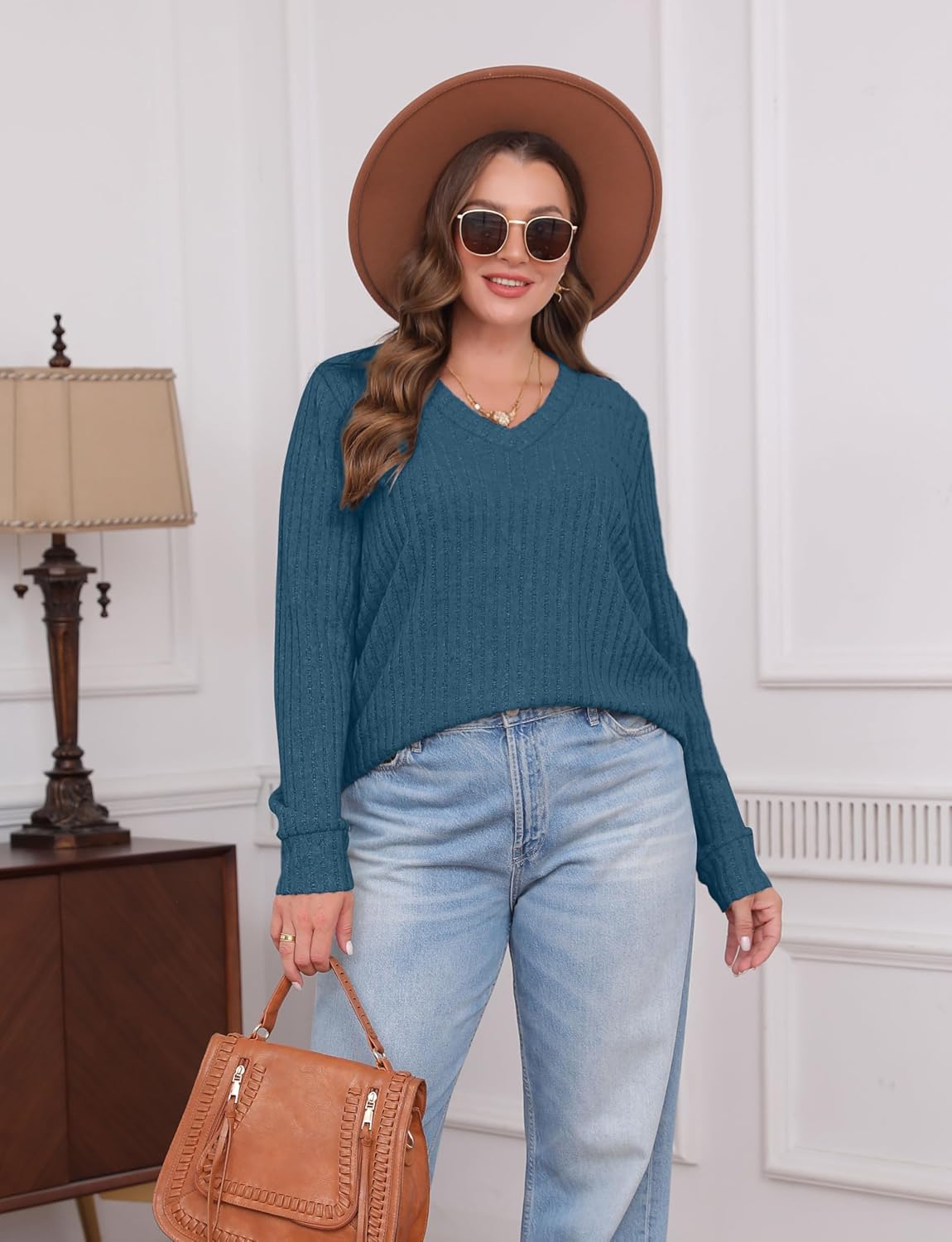 Women V Neck Long Sleeve Shirt Casual Fall Top Lightweight Tunic Sweater Clothes - Picture 127 of 128