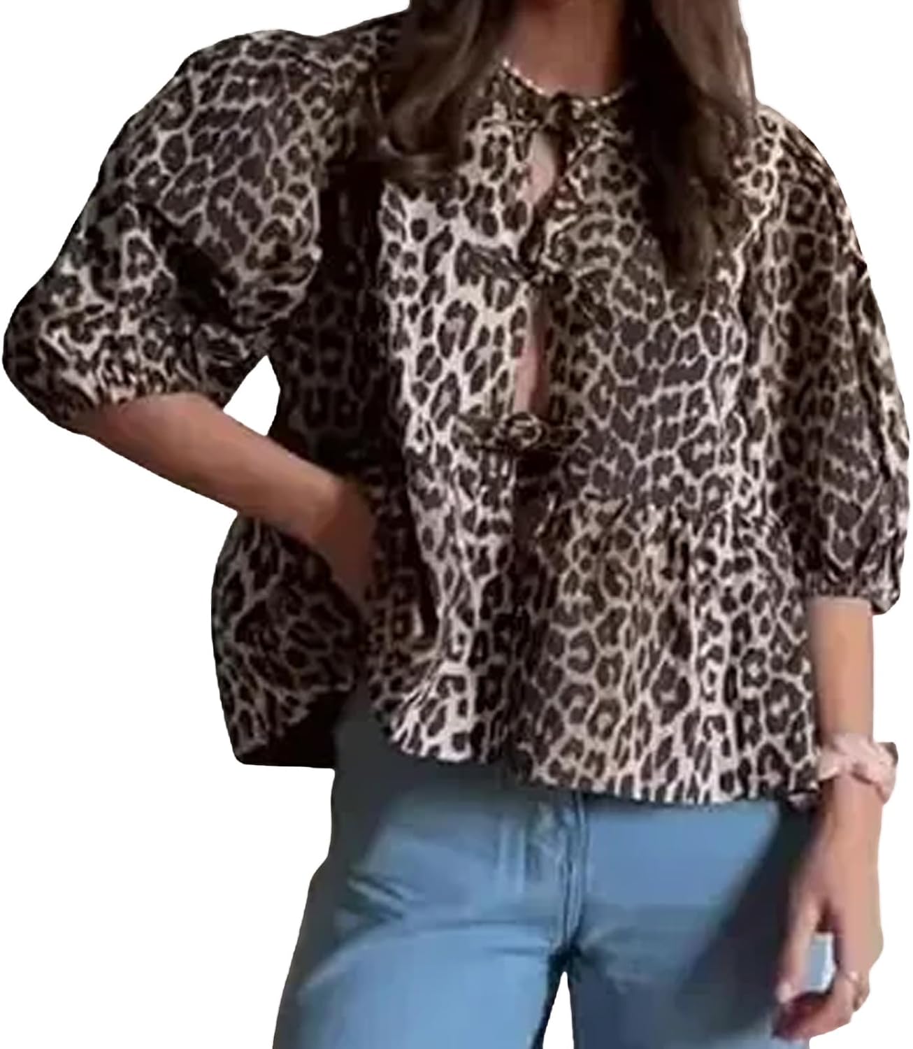 Tie Front Women Y2k Leopard Print Peplum Babydoll Puff Sleeve Cute Going Out Top - Picture 19 of 122