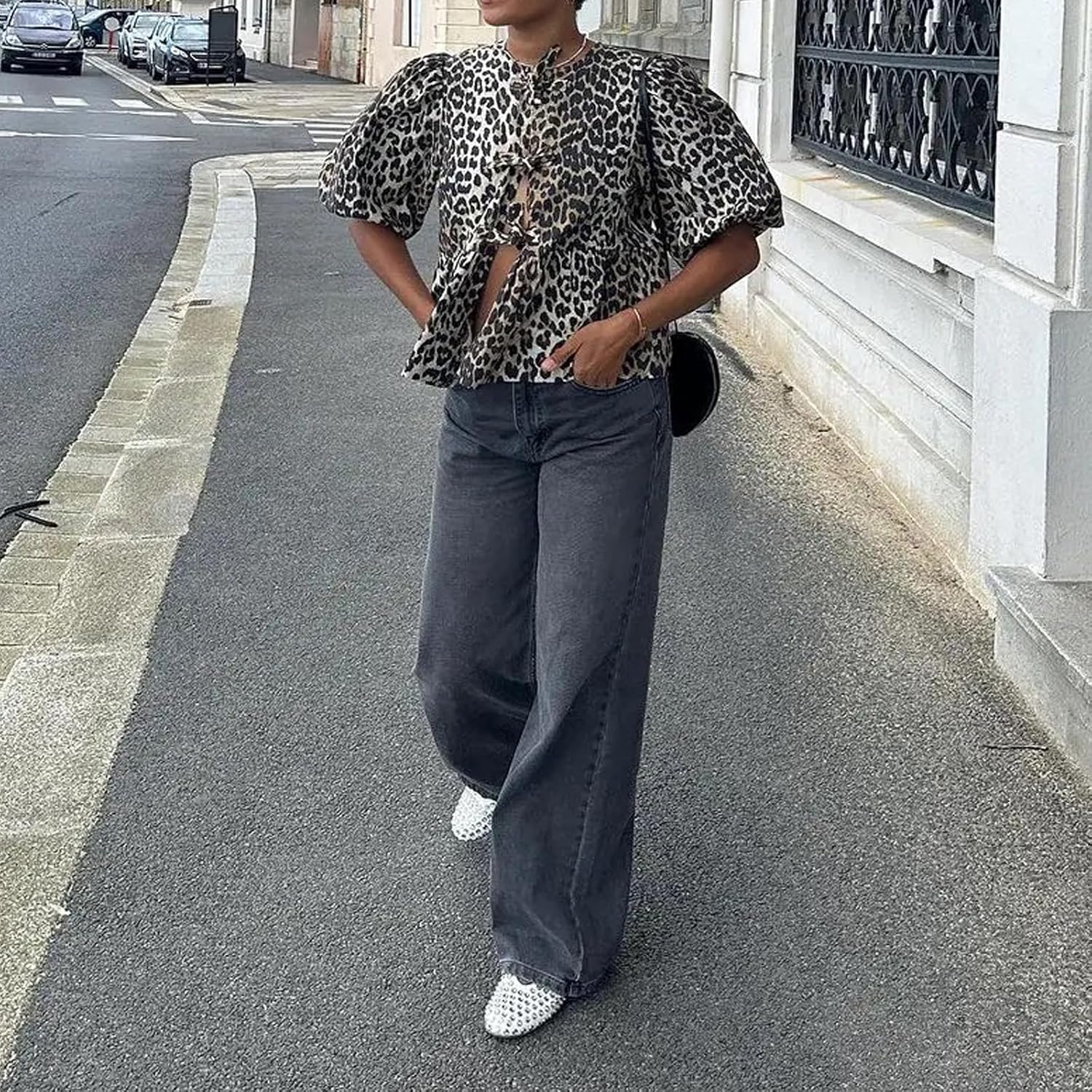 Tie Front Women Y2k Leopard Print Peplum Babydoll Puff Sleeve Cute Going Out Top - Picture 20 of 122