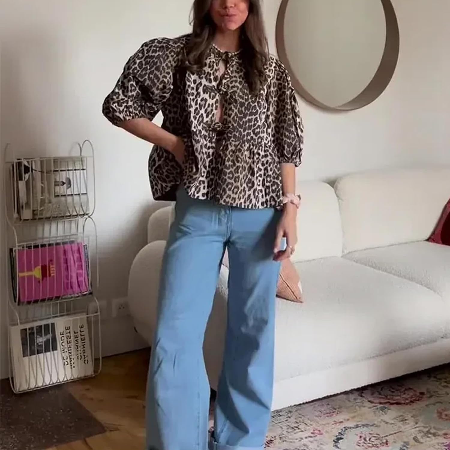 Tie Front Women Y2k Leopard Print Peplum Babydoll Puff Sleeve Cute Going Out Top - Picture 22 of 122