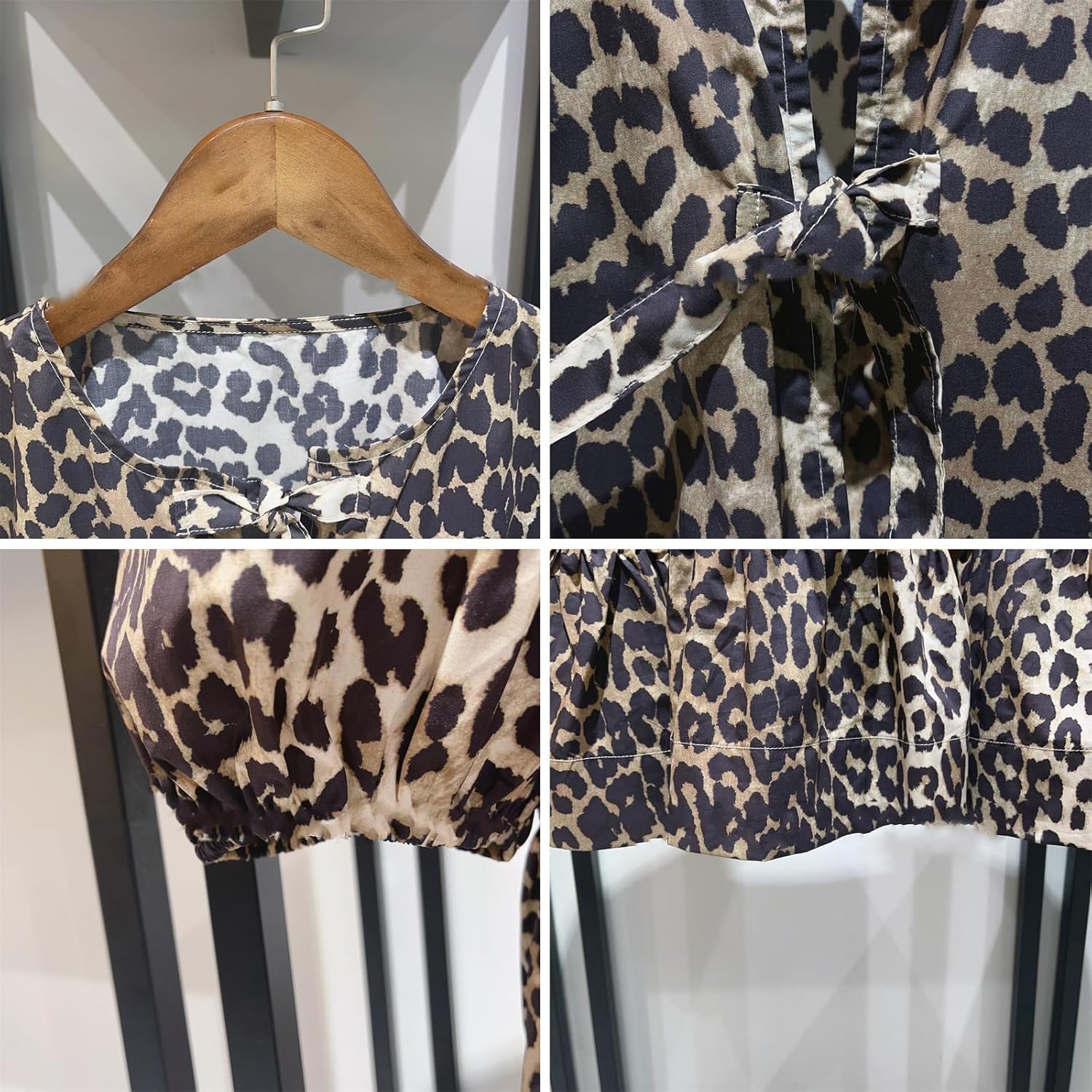 Tie Front Women Y2k Leopard Print Peplum Babydoll Puff Sleeve Cute Going Out Top - Picture 23 of 122