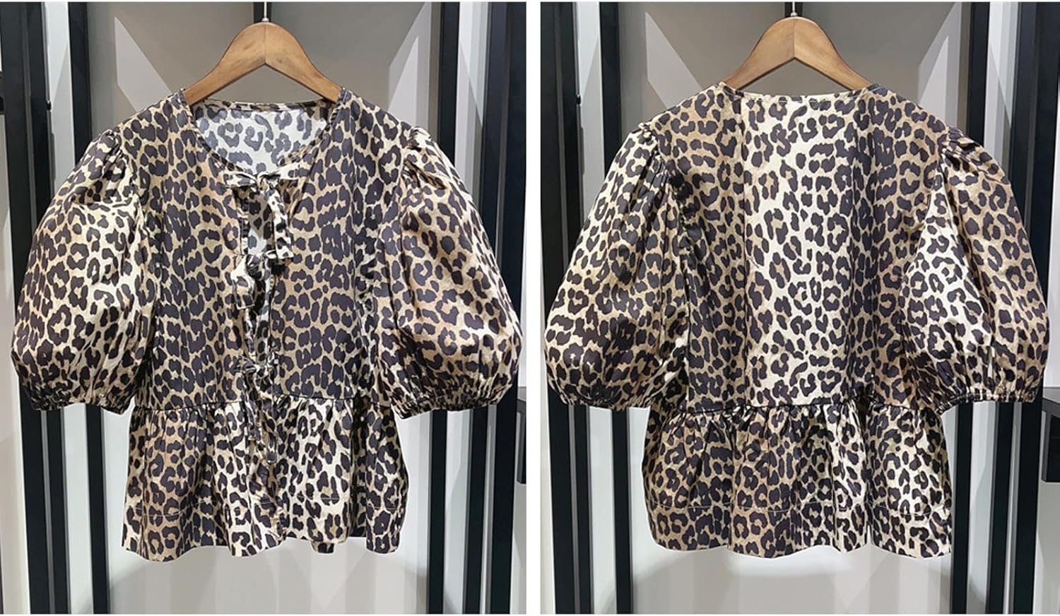Tie Front Women Y2k Leopard Print Peplum Babydoll Puff Sleeve Cute Going Out Top - Picture 24 of 122