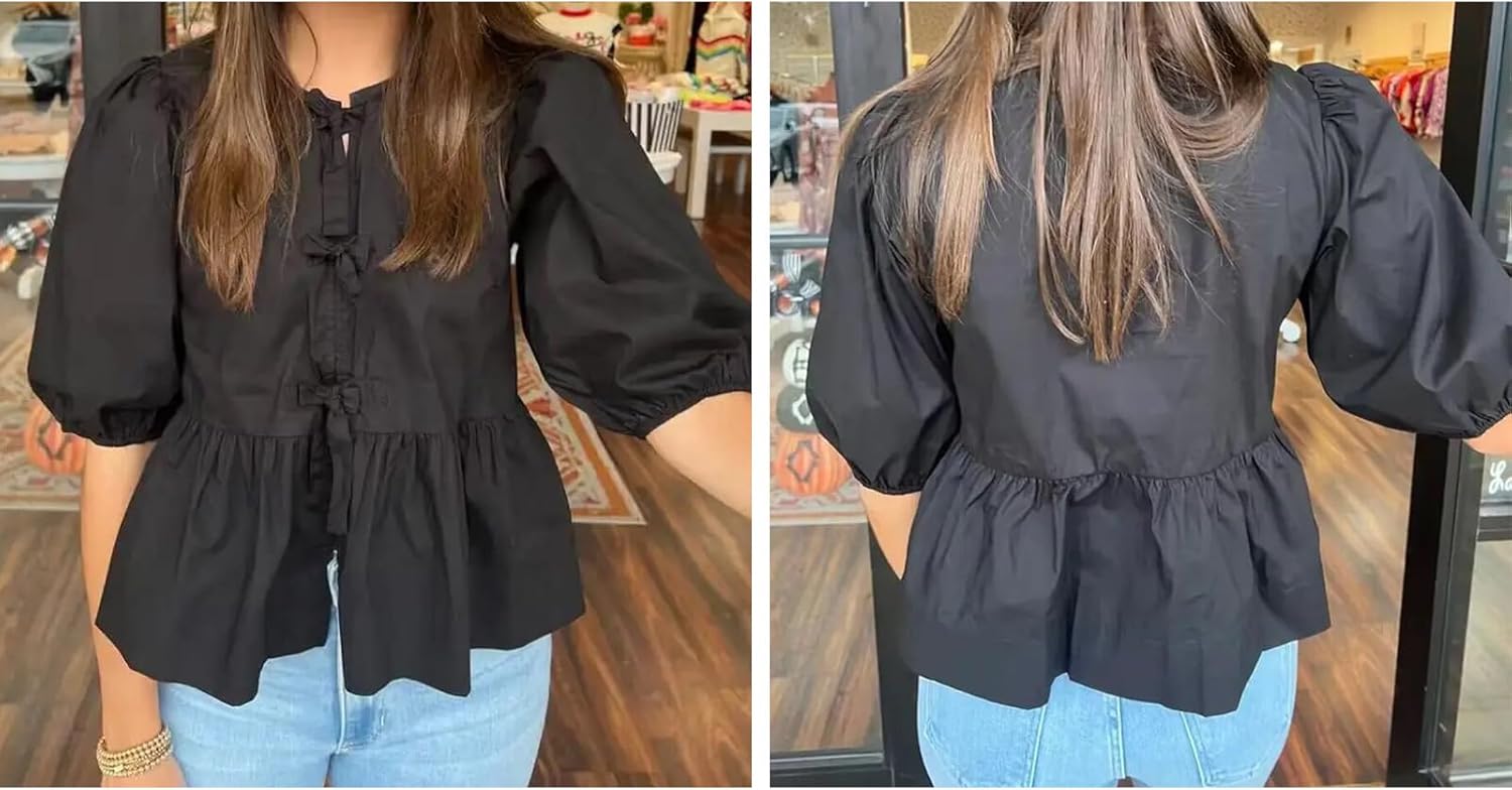 Tie Front Women Y2k Leopard Print Peplum Babydoll Puff Sleeve Cute Going Out Top - Picture 41 of 122