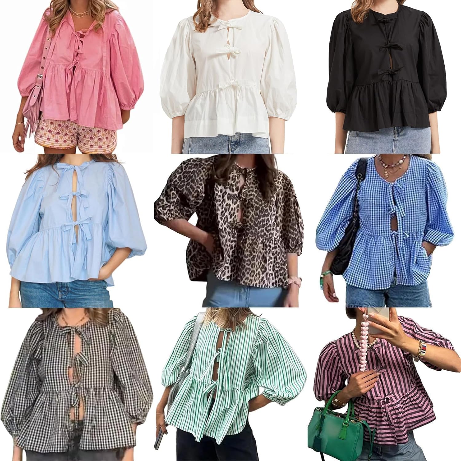 Tie Front Women Y2k Leopard Print Peplum Babydoll Puff Sleeve Cute Going Out Top - Picture 50 of 122