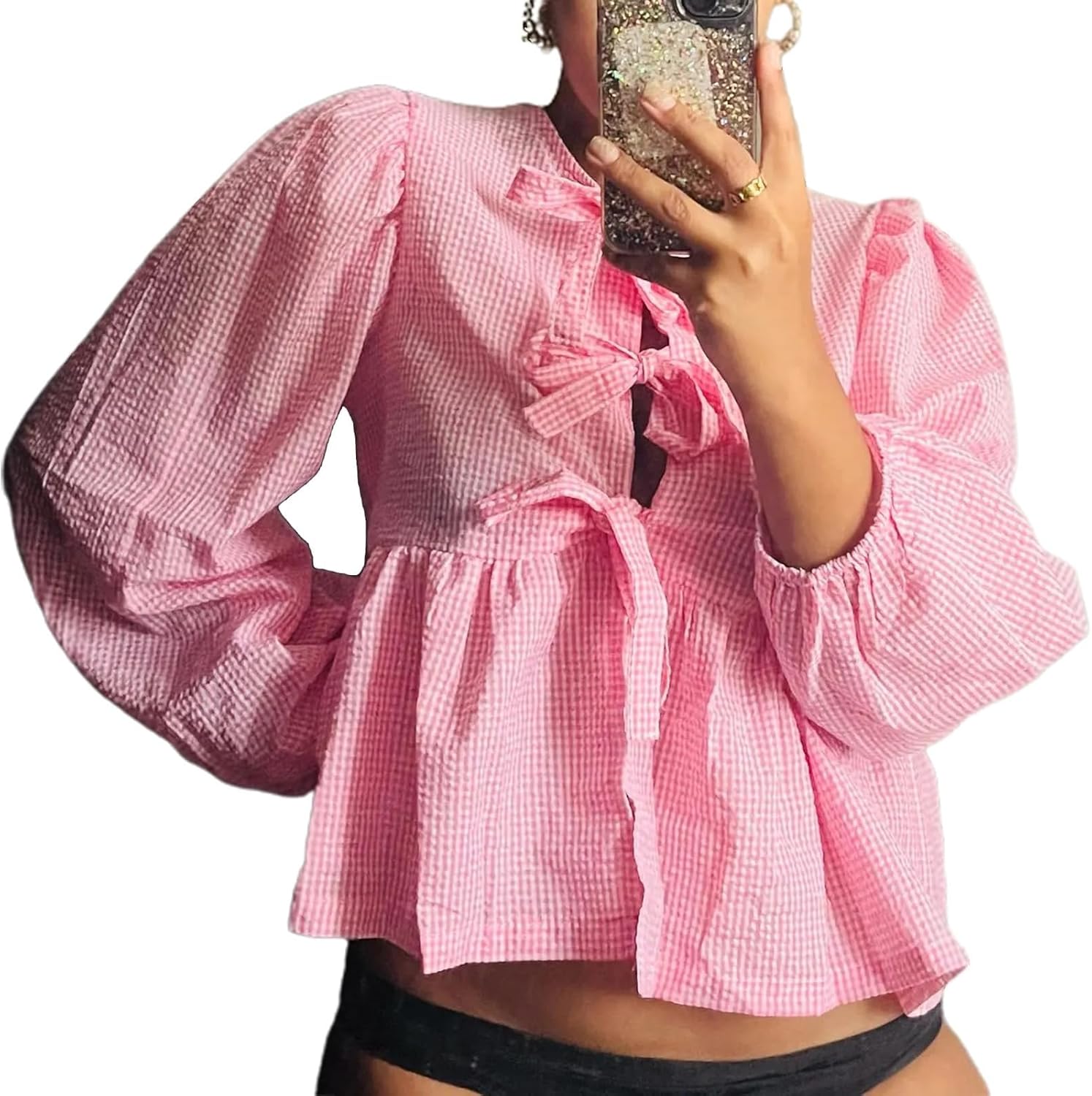 Tie Front Women Y2k Leopard Print Peplum Babydoll Puff Sleeve Cute Going Out Top - Picture 67 of 122
