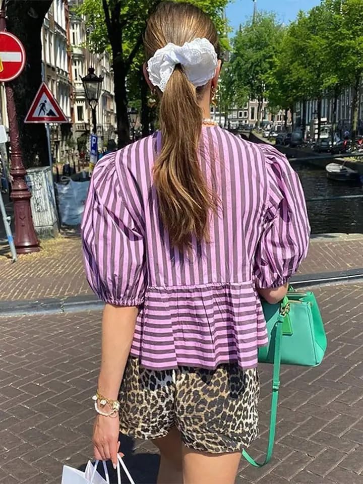 Tie Front Women Y2k Leopard Print Peplum Babydoll Puff Sleeve Cute Going Out Top - Picture 76 of 122
