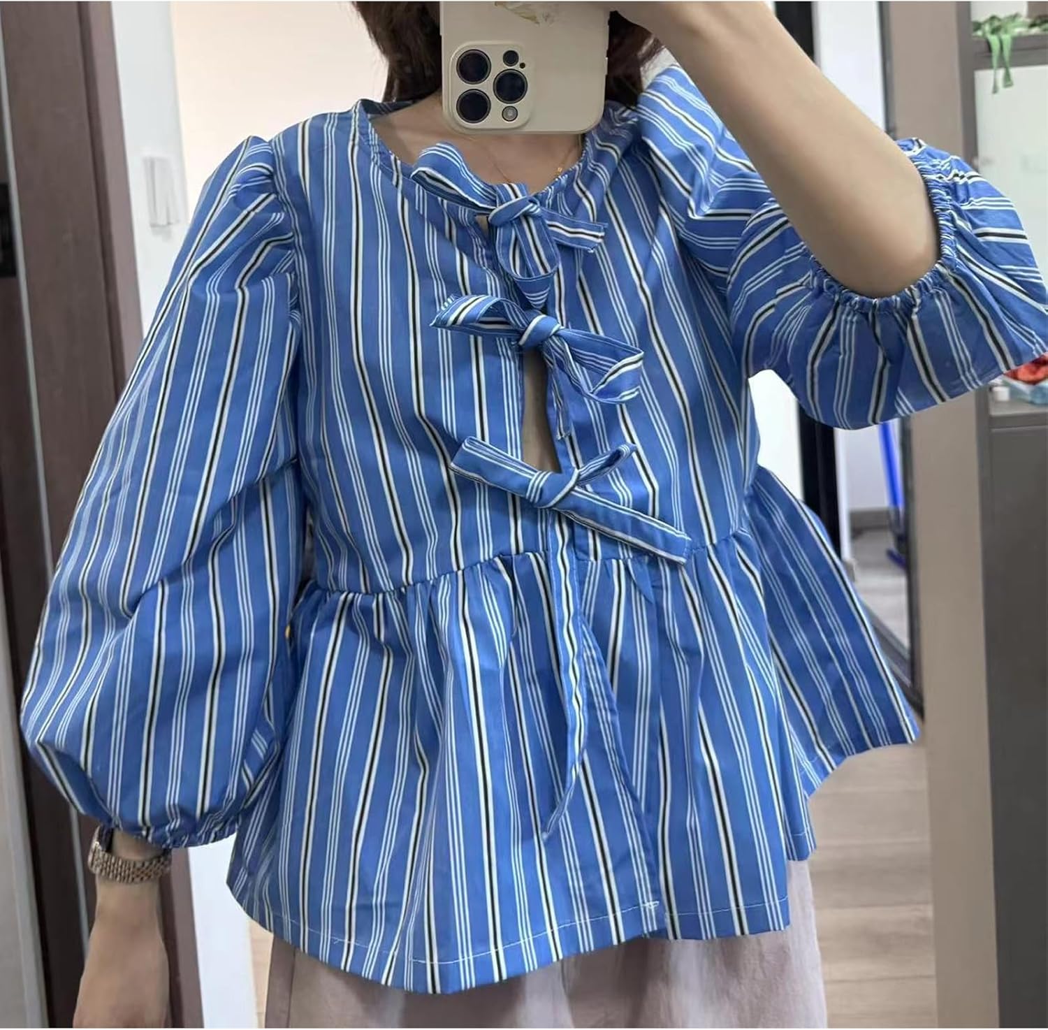 Tie Front Women Y2k Leopard Print Peplum Babydoll Puff Sleeve Cute Going Out Top - Picture 84 of 122