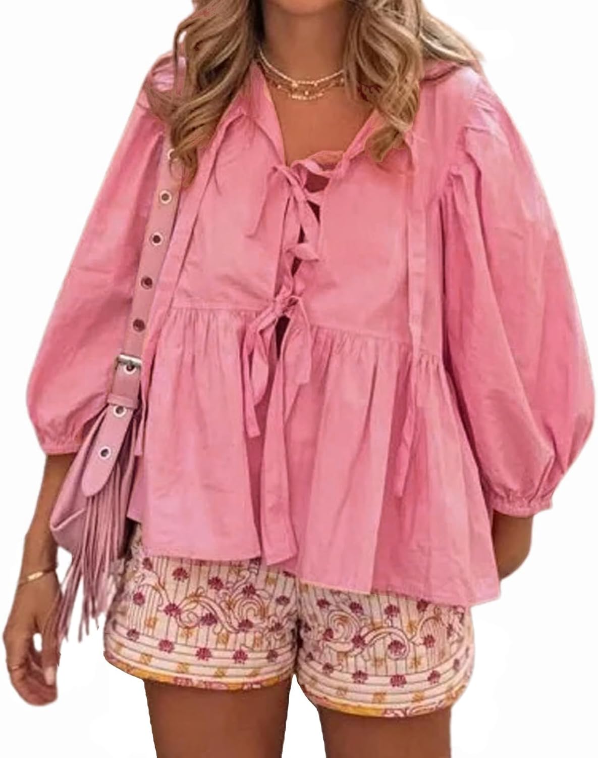 Tie Front Women Y2k Leopard Print Peplum Babydoll Puff Sleeve Cute Going Out Top - Picture 107 of 122