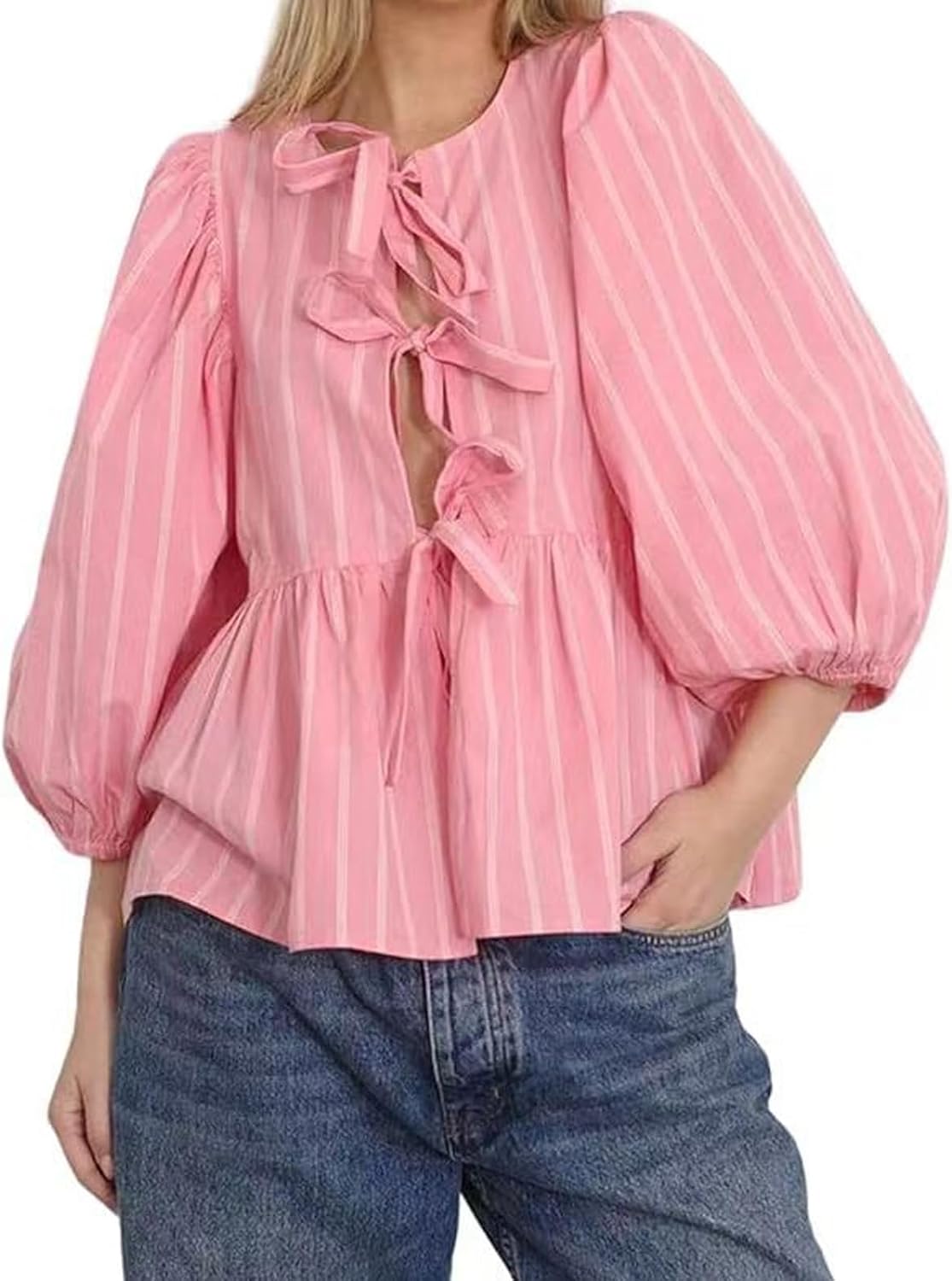 Tie Front Women Y2k Leopard Print Peplum Babydoll Puff Sleeve Cute Going Out Top - Picture 116 of 122
