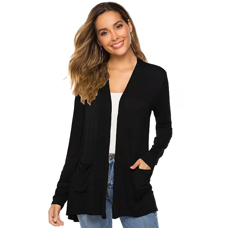 Womens Open Front Fly Away Cardigan Sweater Long Sleeve with Pockets Loose Drape - Picture 2 of 9