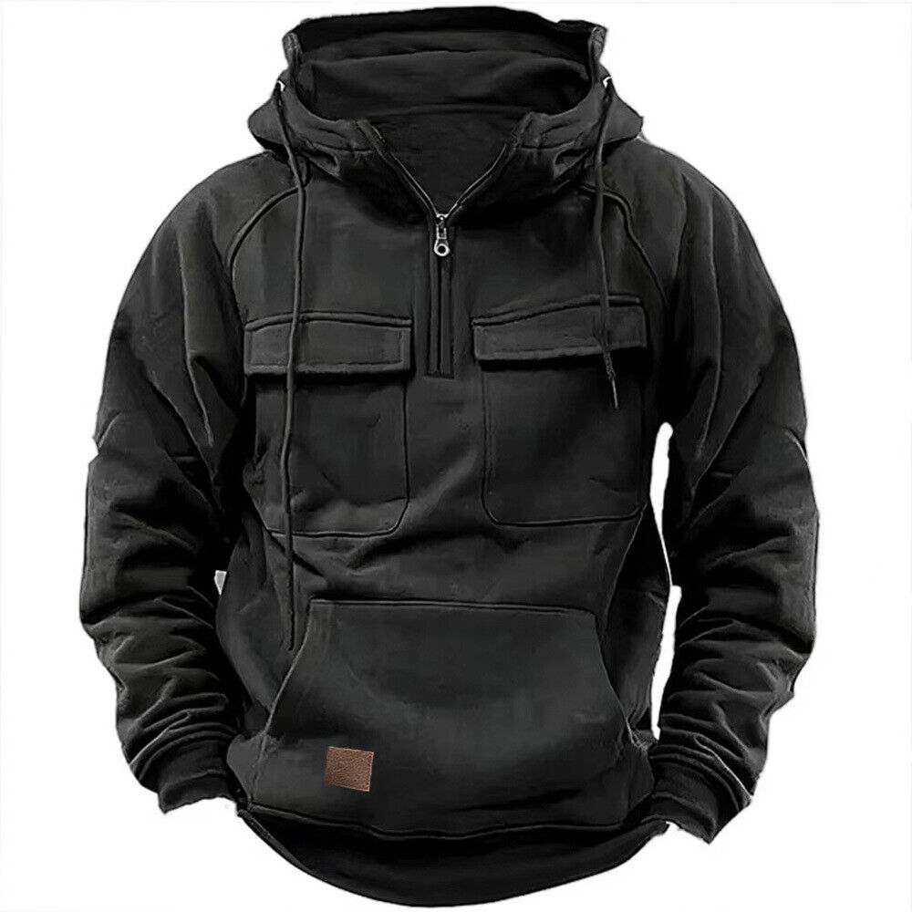 Mens Retro Tactical Sweatshirt Quarter Zip Cargo Pullover Hoodies Pocket Jackets