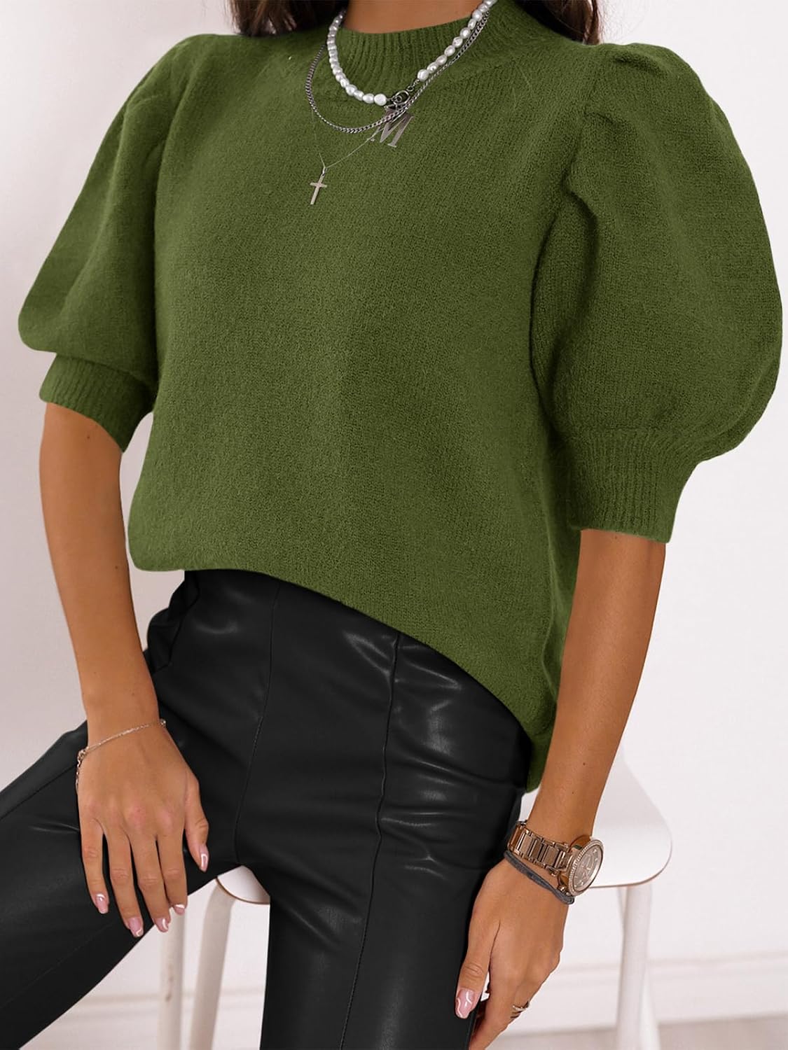 Puff Short Sleeve Sweater Tops Trendy Crew/Square/V Neck Casual T Shirts Blouses - Picture 26 of 145