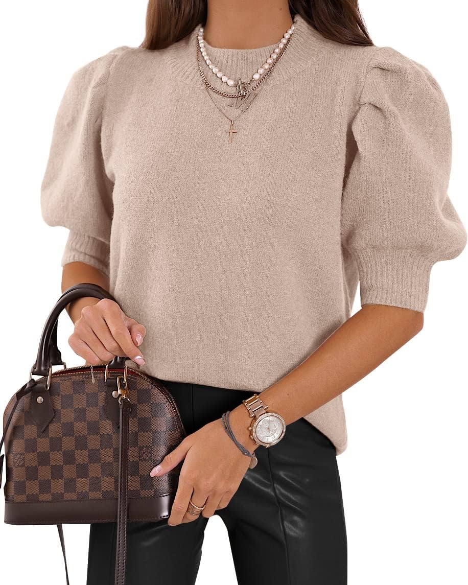 Puff Short Sleeve Sweater Tops Trendy Crew/Square/V Neck Casual T Shirts Blouses - Picture 28 of 145