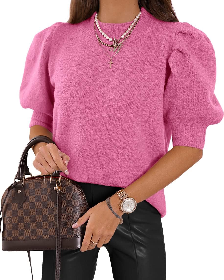 Puff Short Sleeve Sweater Tops Trendy Crew/Square/V Neck Casual T Shirts Blouses - Picture 34 of 145
