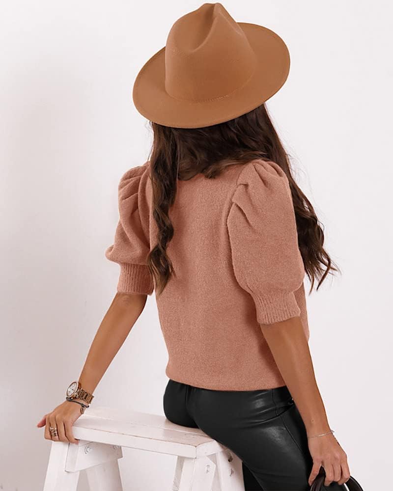 Puff Short Sleeve Sweater Tops Trendy Crew/Square/V Neck Casual T Shirts Blouses - Picture 41 of 145