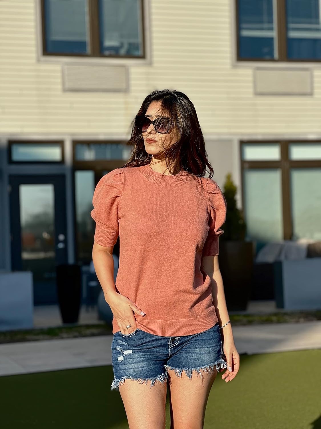 Puff Short Sleeve Sweater Tops Trendy Crew/Square/V Neck Casual T Shirts Blouses - Picture 42 of 145