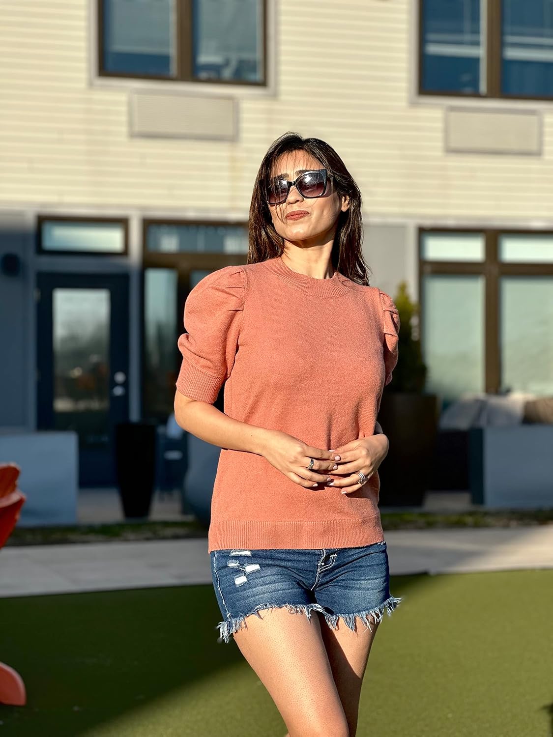 Puff Short Sleeve Sweater Tops Trendy Crew/Square/V Neck Casual T Shirts Blouses - Picture 43 of 145