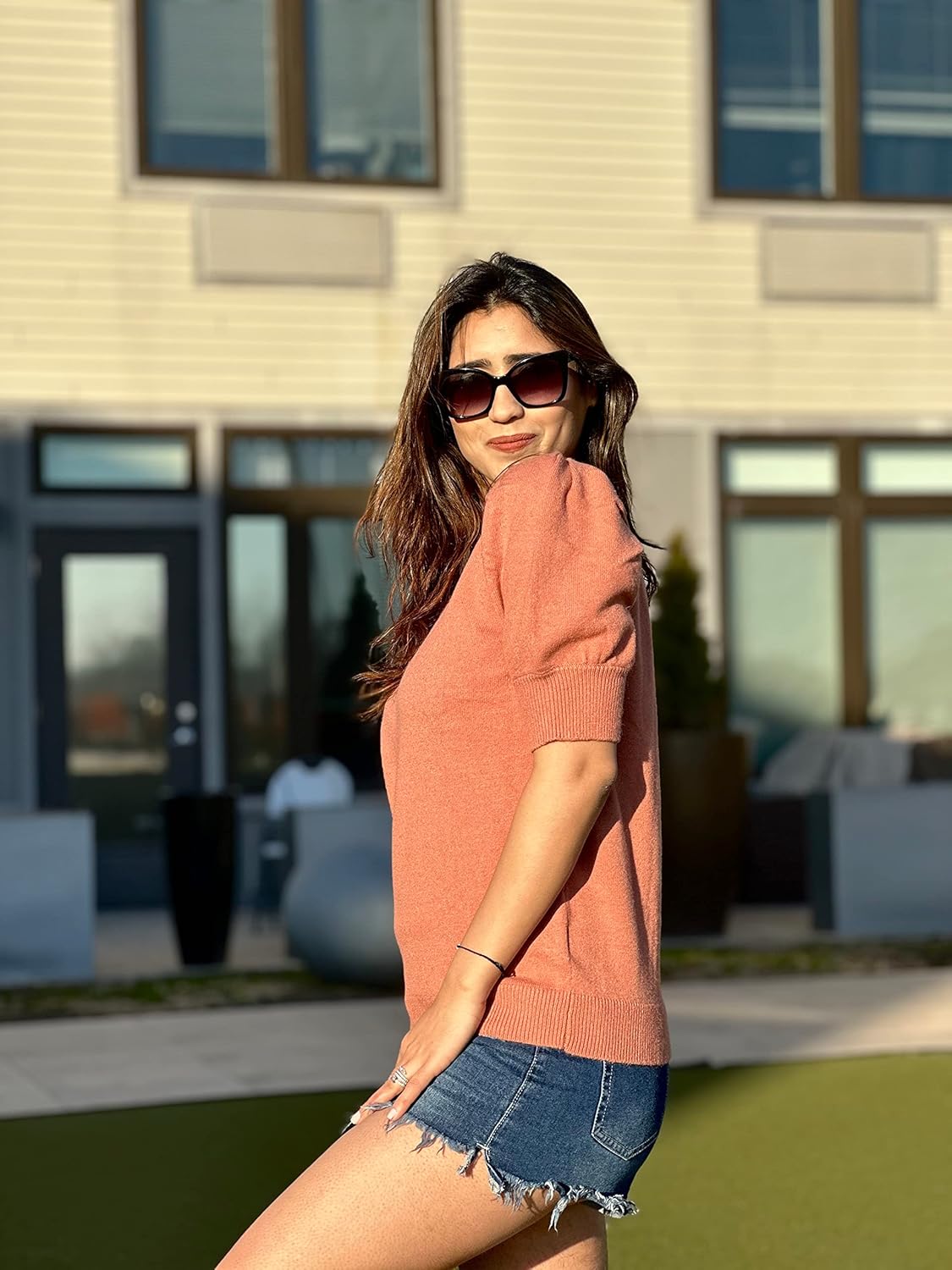 Puff Short Sleeve Sweater Tops Trendy Crew/Square/V Neck Casual T Shirts Blouses - Picture 44 of 145