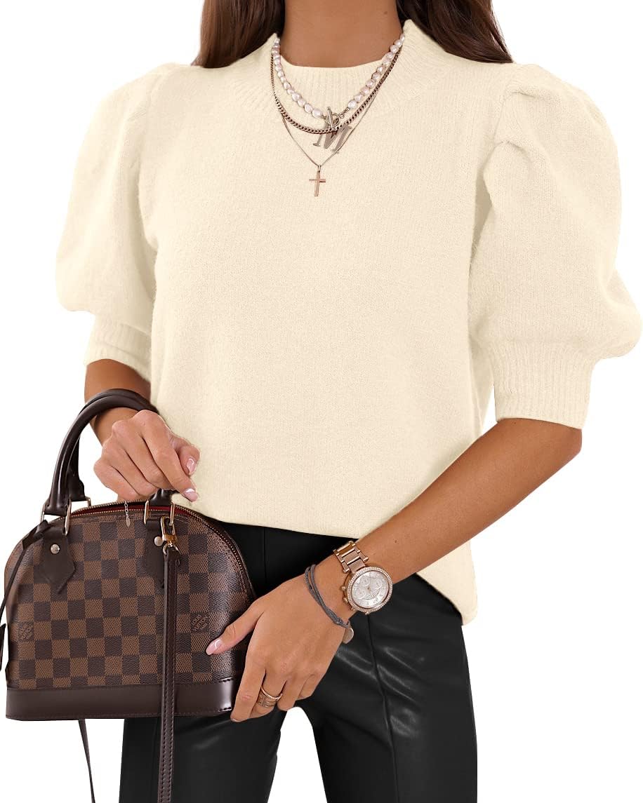 Puff Short Sleeve Sweater Tops Trendy Crew/Square/V Neck Casual T Shirts Blouses - Picture 50 of 145
