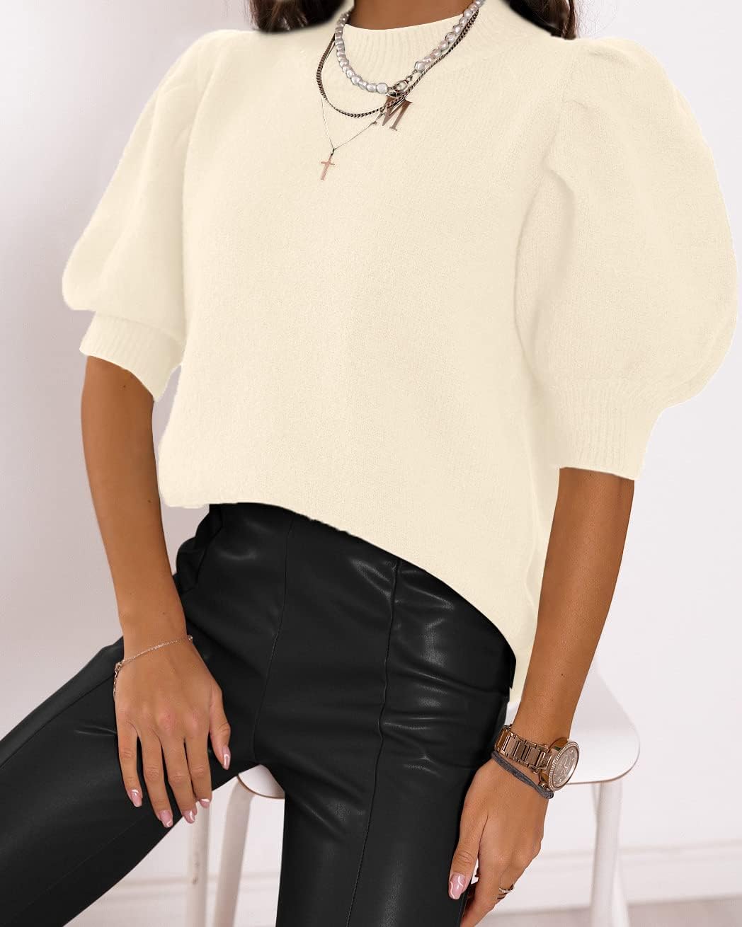 Puff Short Sleeve Sweater Tops Trendy Crew/Square/V Neck Casual T Shirts Blouses - Picture 51 of 145