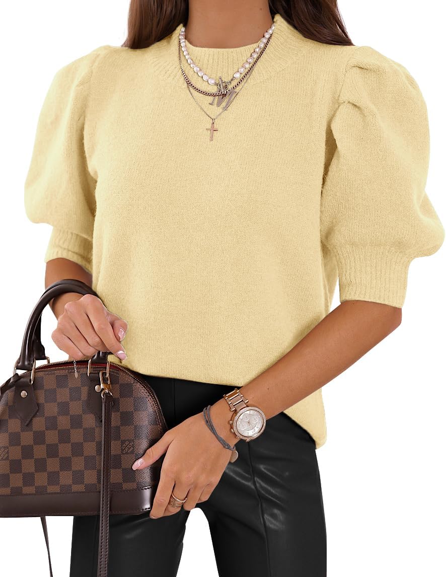 Puff Short Sleeve Sweater Tops Trendy Crew/Square/V Neck Casual T Shirts Blouses - Picture 56 of 145