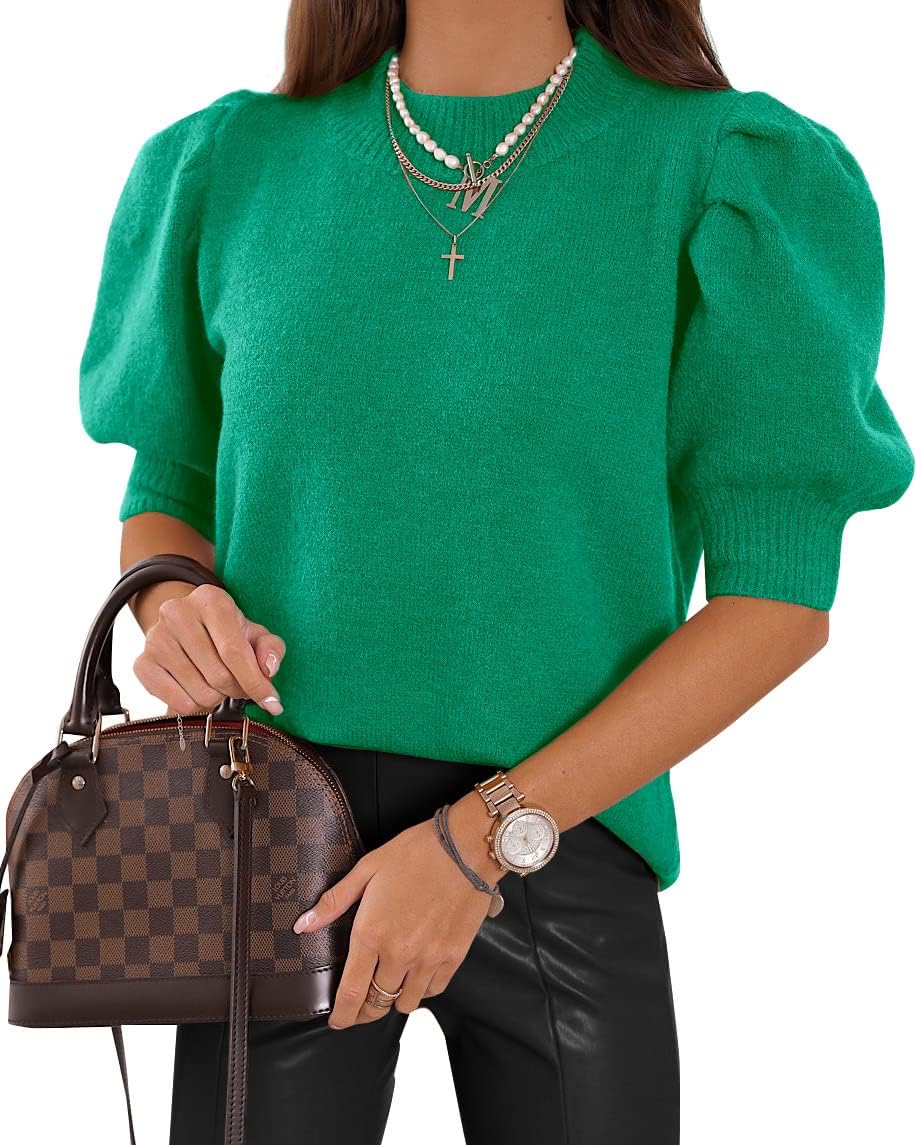 Puff Short Sleeve Sweater Tops Trendy Crew/Square/V Neck Casual T Shirts Blouses - Picture 60 of 145