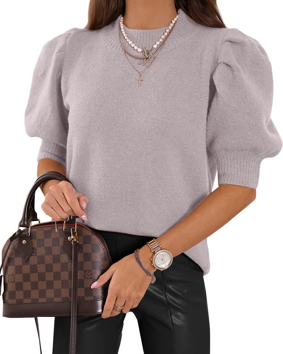 Puff Short Sleeve Sweater Tops Trendy Crew/Square/V Neck Casual T Shirts Blouses - Picture 66 of 145