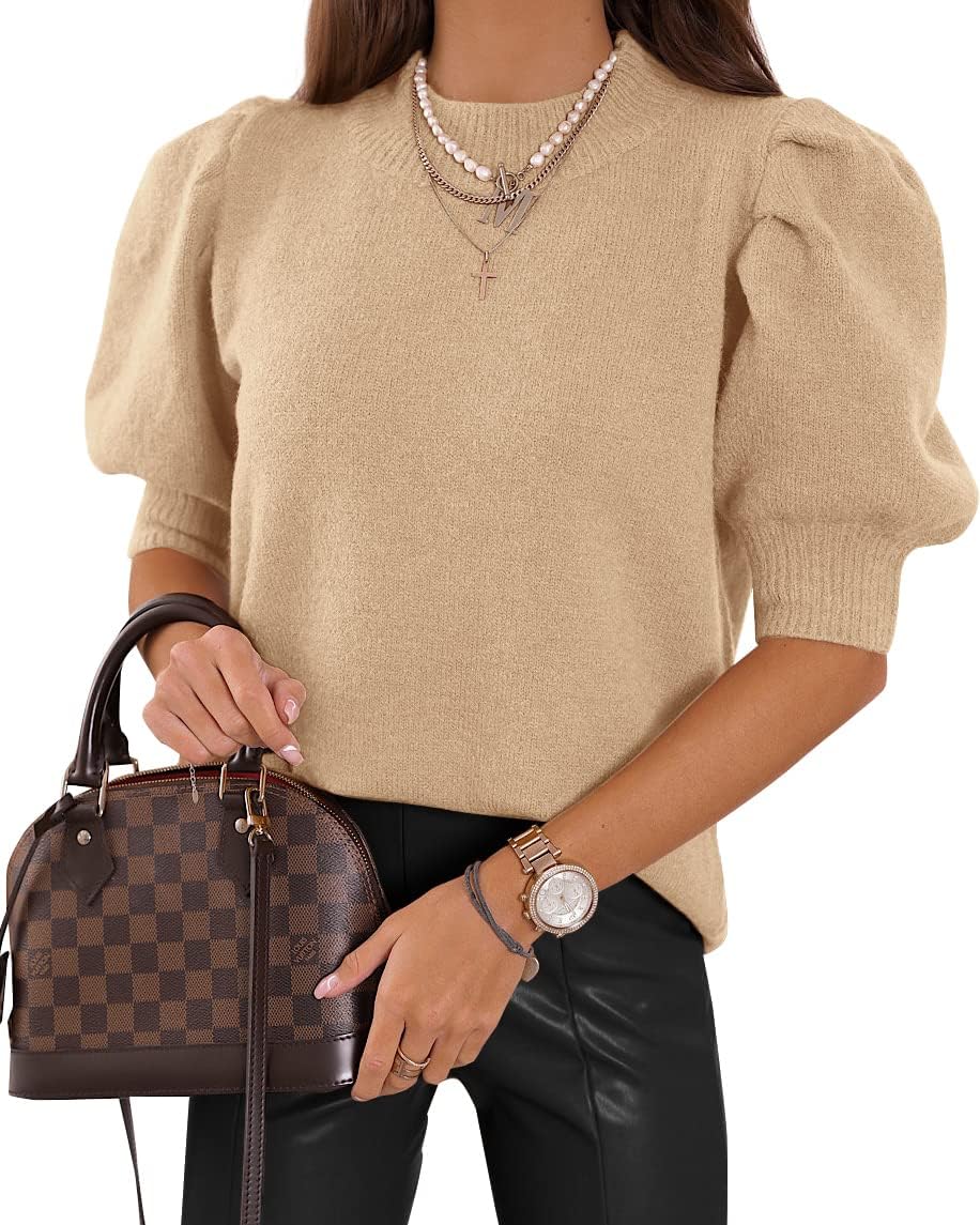 Puff Short Sleeve Sweater Tops Trendy Crew/Square/V Neck Casual T Shirts Blouses - Picture 70 of 145