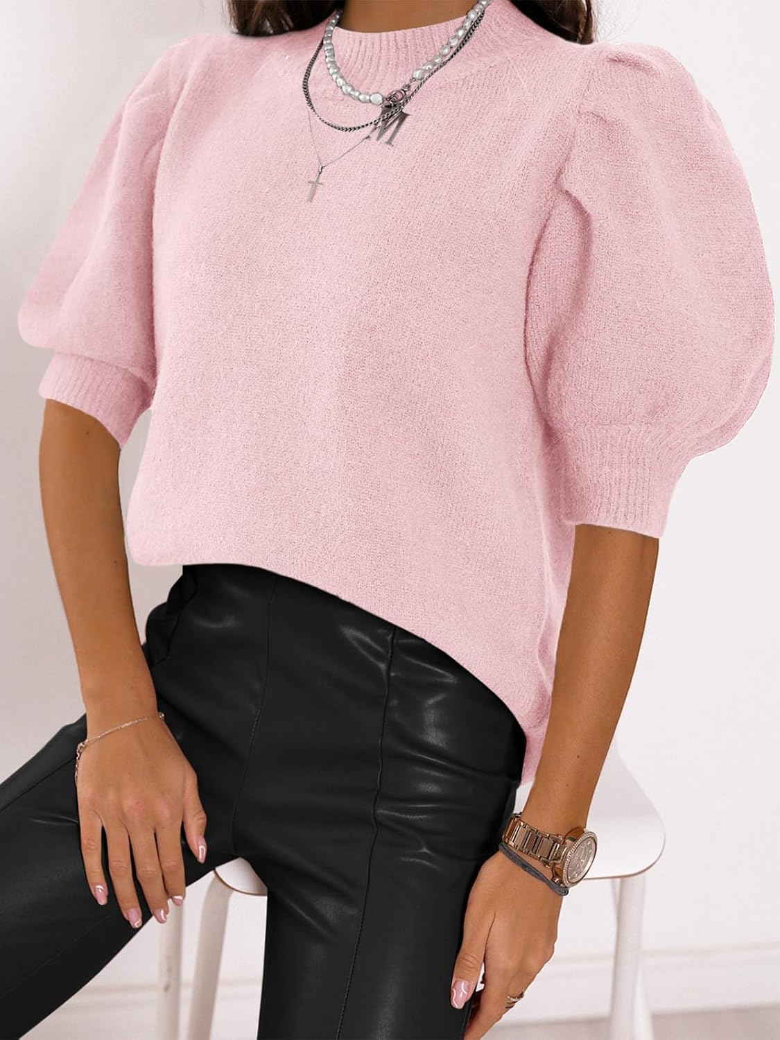 Puff Short Sleeve Sweater Tops Trendy Crew/Square/V Neck Casual T Shirts Blouses - Picture 78 of 145