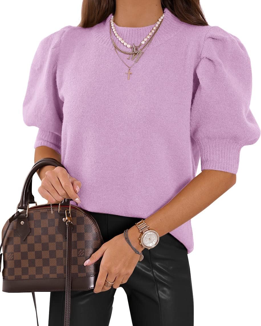 Puff Short Sleeve Sweater Tops Trendy Crew/Square/V Neck Casual T Shirts Blouses - Picture 80 of 145