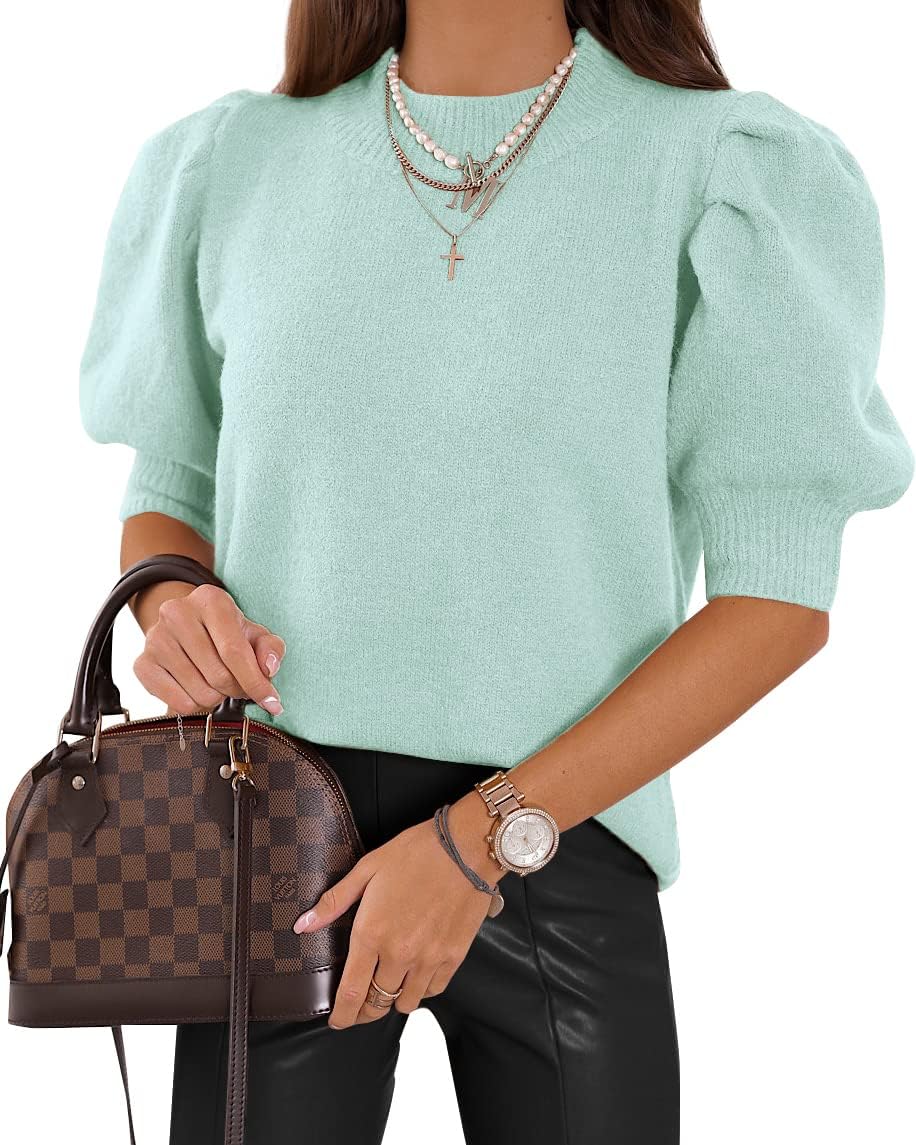 Puff Short Sleeve Sweater Tops Trendy Crew/Square/V Neck Casual T Shirts Blouses - Picture 86 of 145