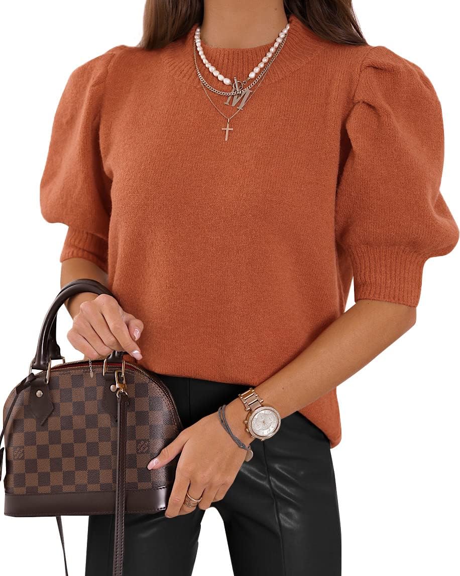 Puff Short Sleeve Sweater Tops Trendy Crew/Square/V Neck Casual T Shirts Blouses - Picture 96 of 145