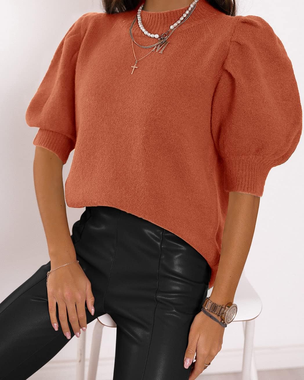 Puff Short Sleeve Sweater Tops Trendy Crew/Square/V Neck Casual T Shirts Blouses - Picture 98 of 145