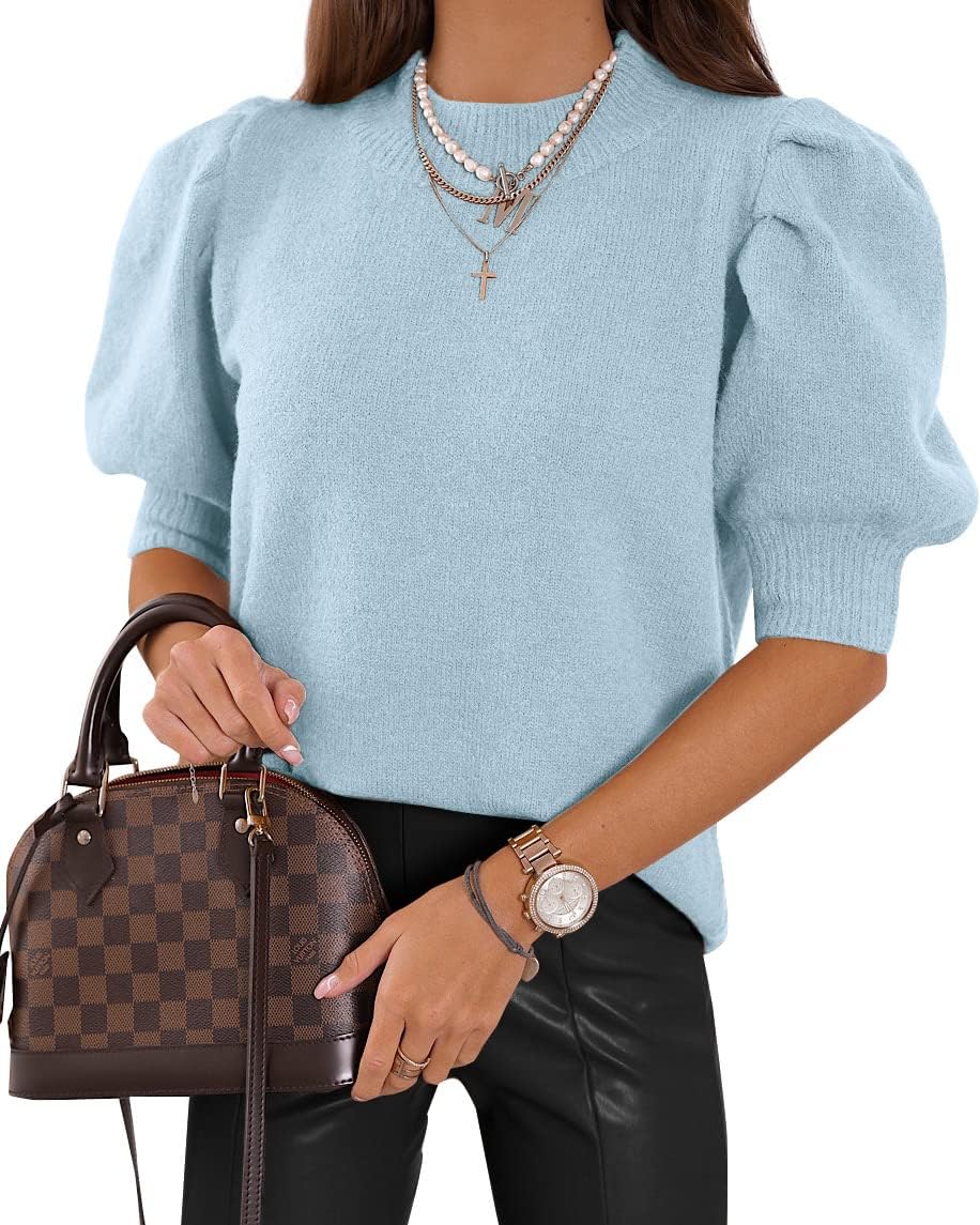 Puff Short Sleeve Sweater Tops Trendy Crew/Square/V Neck Casual T Shirts Blouses - Picture 106 of 145