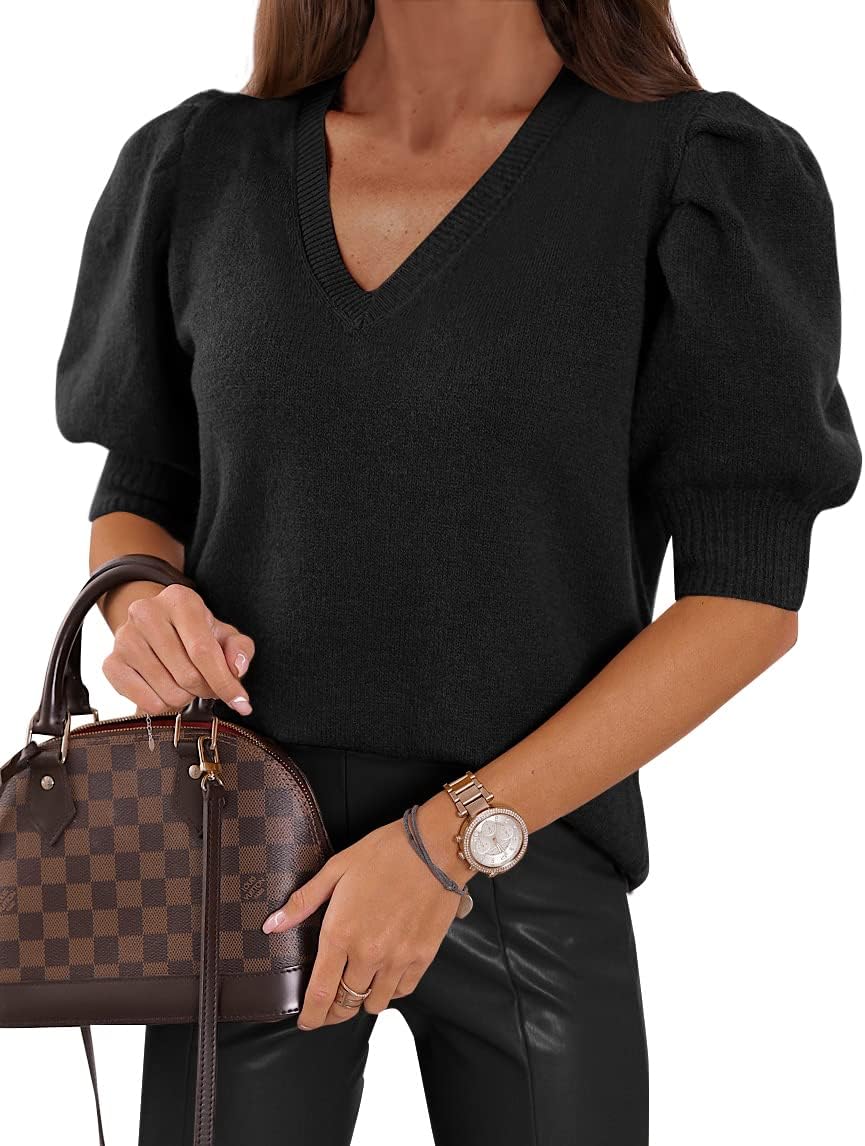 Puff Short Sleeve Sweater Tops Trendy Crew/Square/V Neck Casual T Shirts Blouses - Picture 124 of 145
