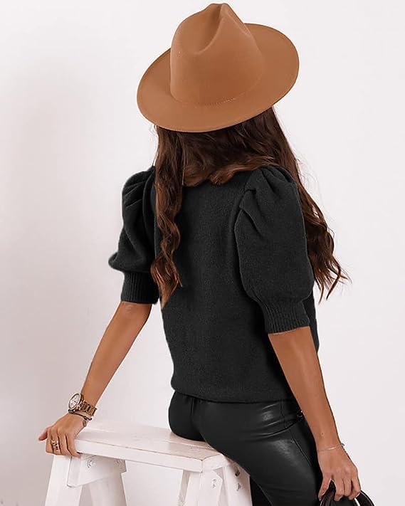 Puff Short Sleeve Sweater Tops Trendy Crew/Square/V Neck Casual T Shirts Blouses - Picture 125 of 145