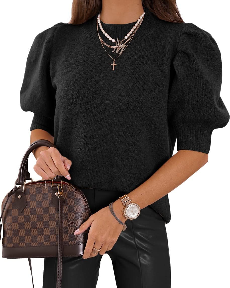 Puff Short Sleeve Sweater Tops Trendy Crew/Square/V Neck Casual T Shirts Blouses - Picture 140 of 145