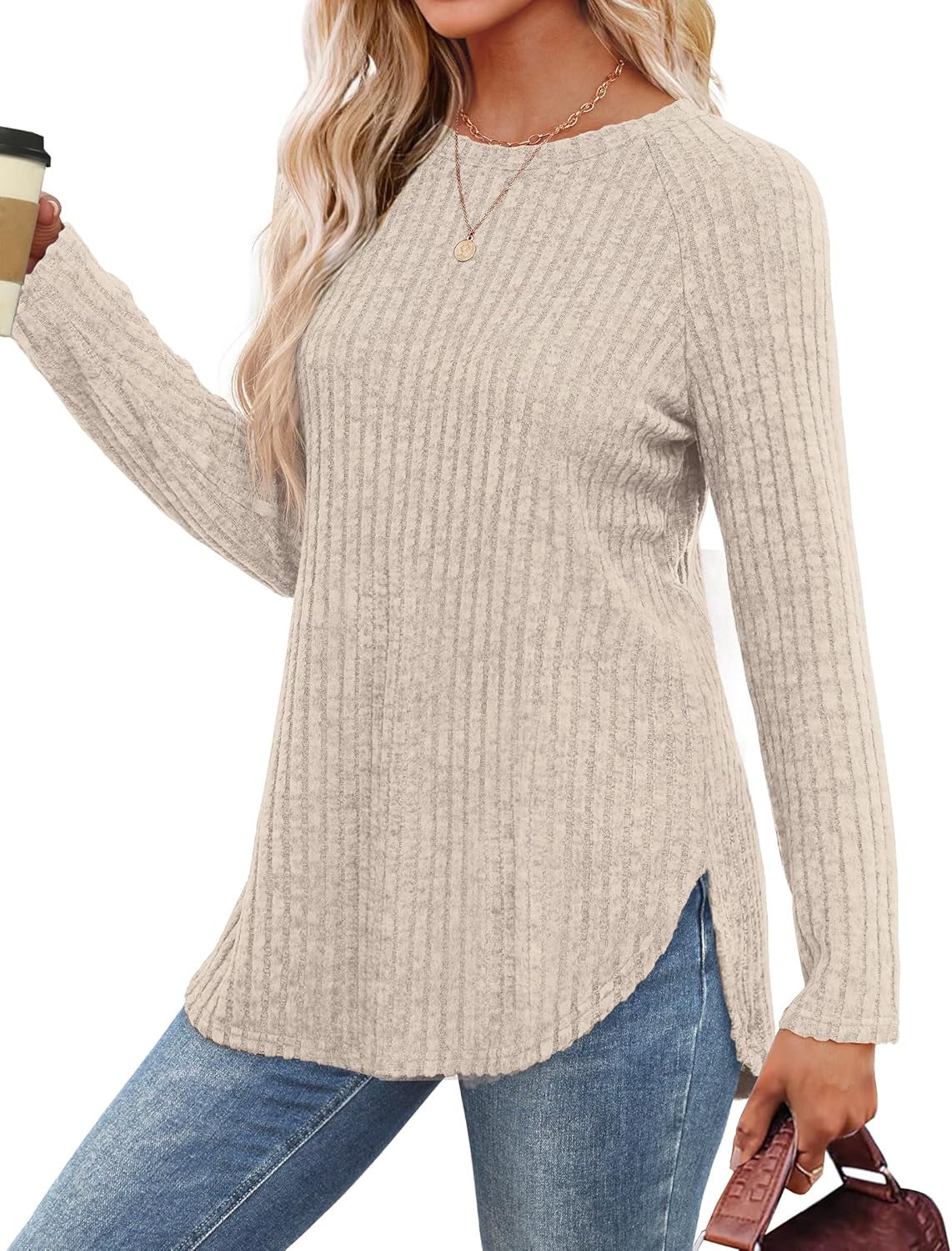 Long Sleeve Shirts Tunic Tops for Women Loose Fit Crew Neck Pullover Sweaters - Picture 25 of 113