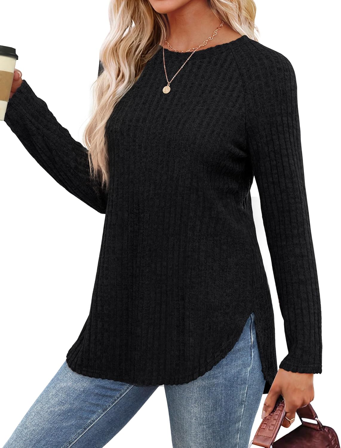 Long Sleeve Shirts Tunic Tops for Women Loose Fit Crew Neck Pullover Sweaters - Picture 30 of 113