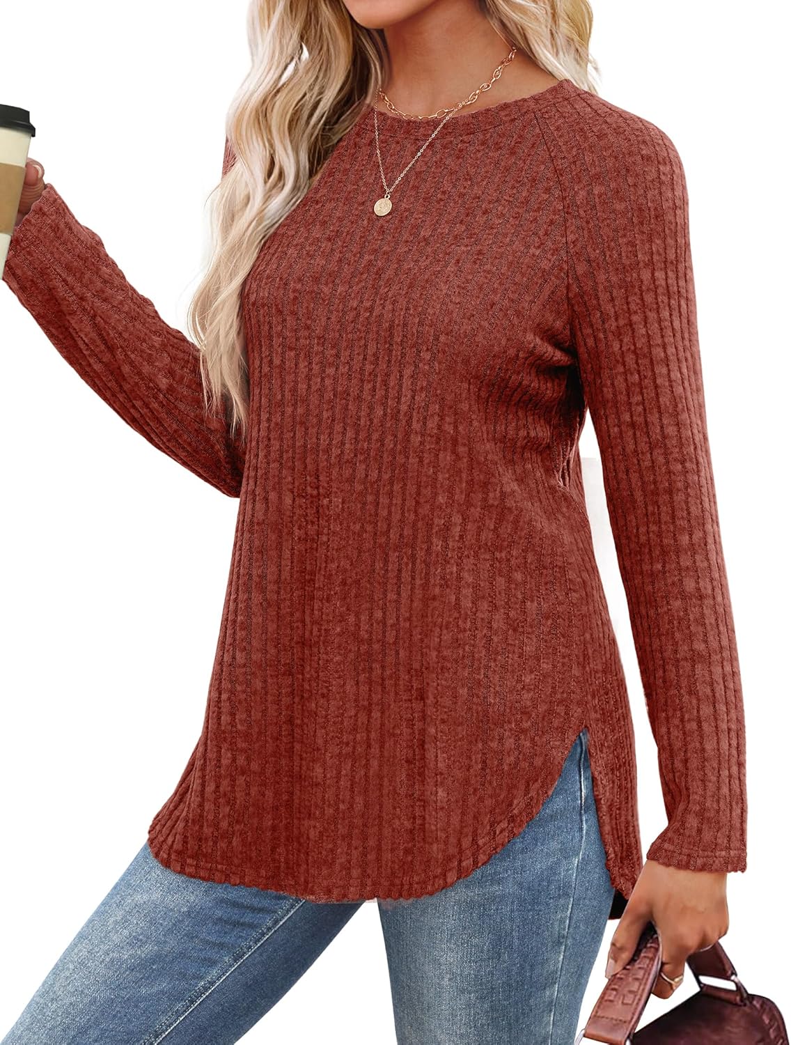 Long Sleeve Shirts Tunic Tops for Women Loose Fit Crew Neck Pullover Sweaters - Picture 35 of 113