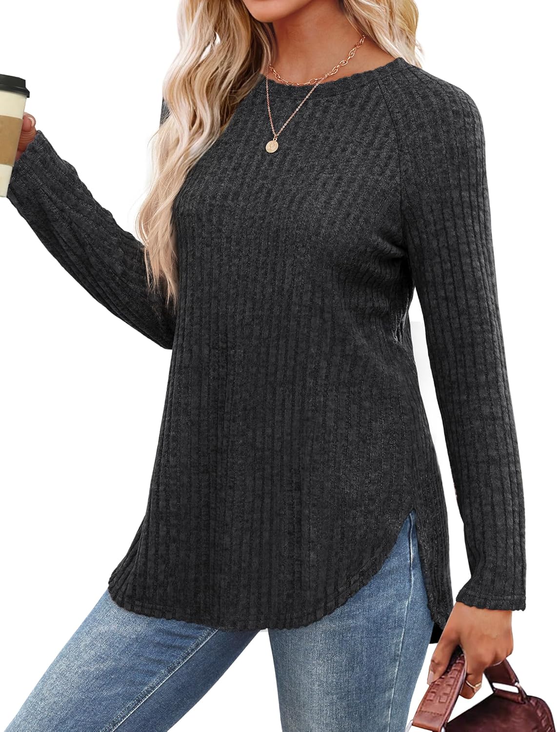 Long Sleeve Shirts Tunic Tops for Women Loose Fit Crew Neck Pullover Sweaters - Picture 40 of 113
