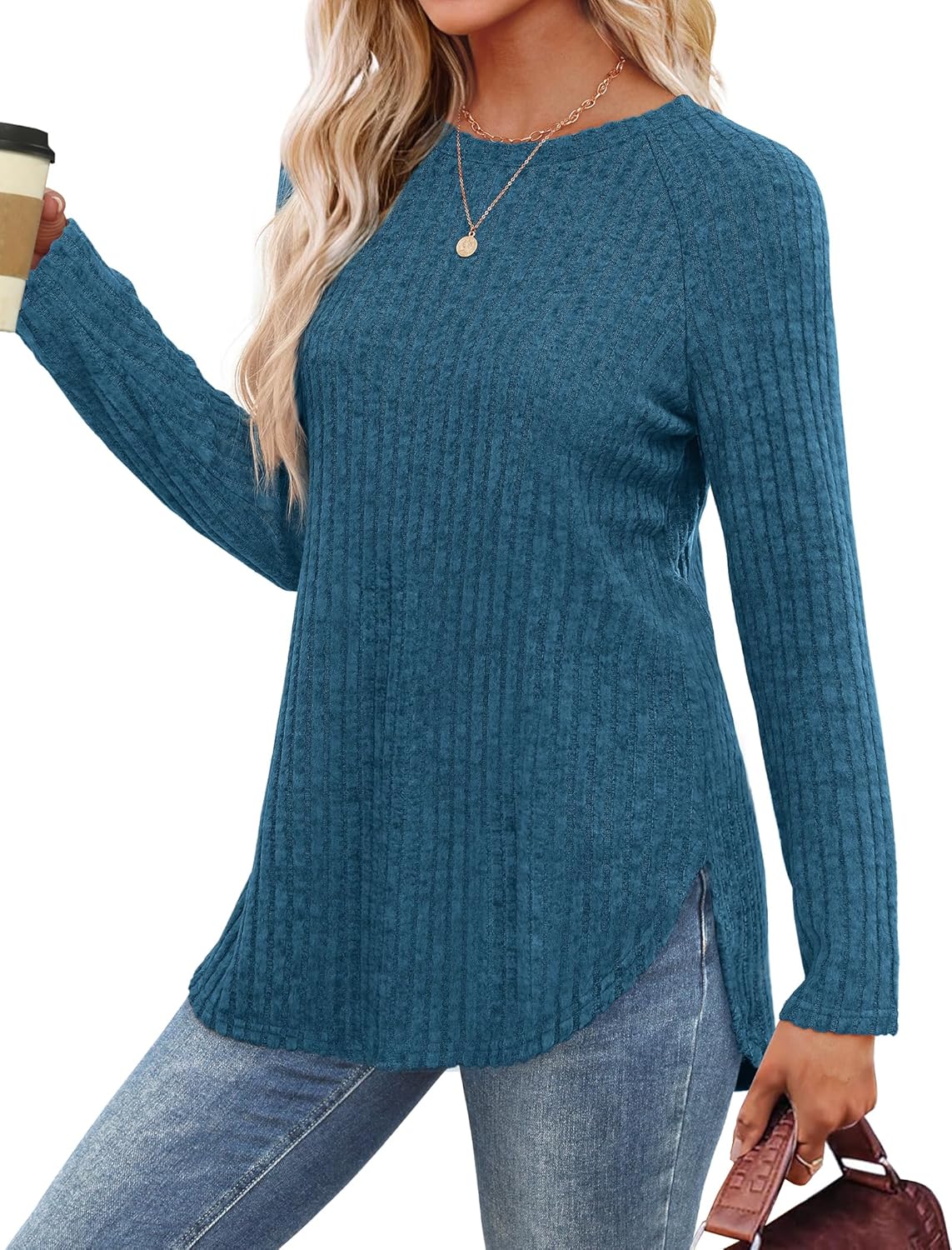 Long Sleeve Shirts Tunic Tops for Women Loose Fit Crew Neck Pullover Sweaters - Picture 50 of 113
