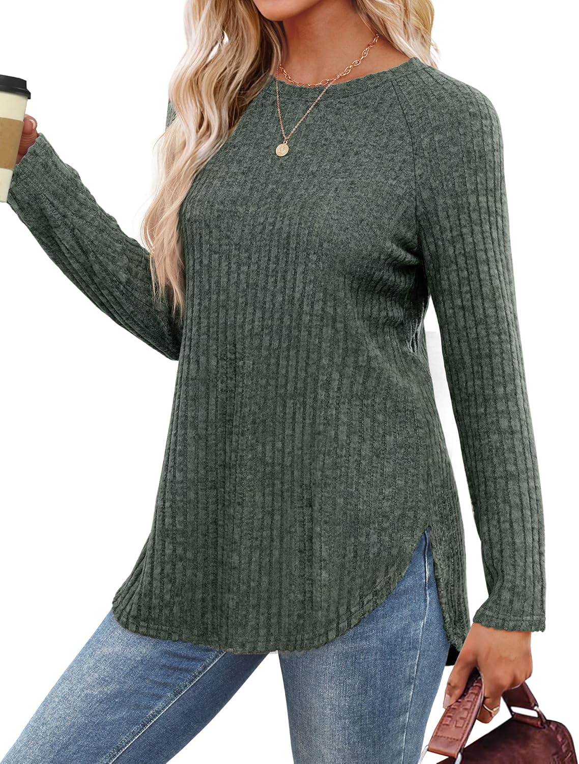 Long Sleeve Shirts Tunic Tops for Women Loose Fit Crew Neck Pullover Sweaters - Picture 95 of 113