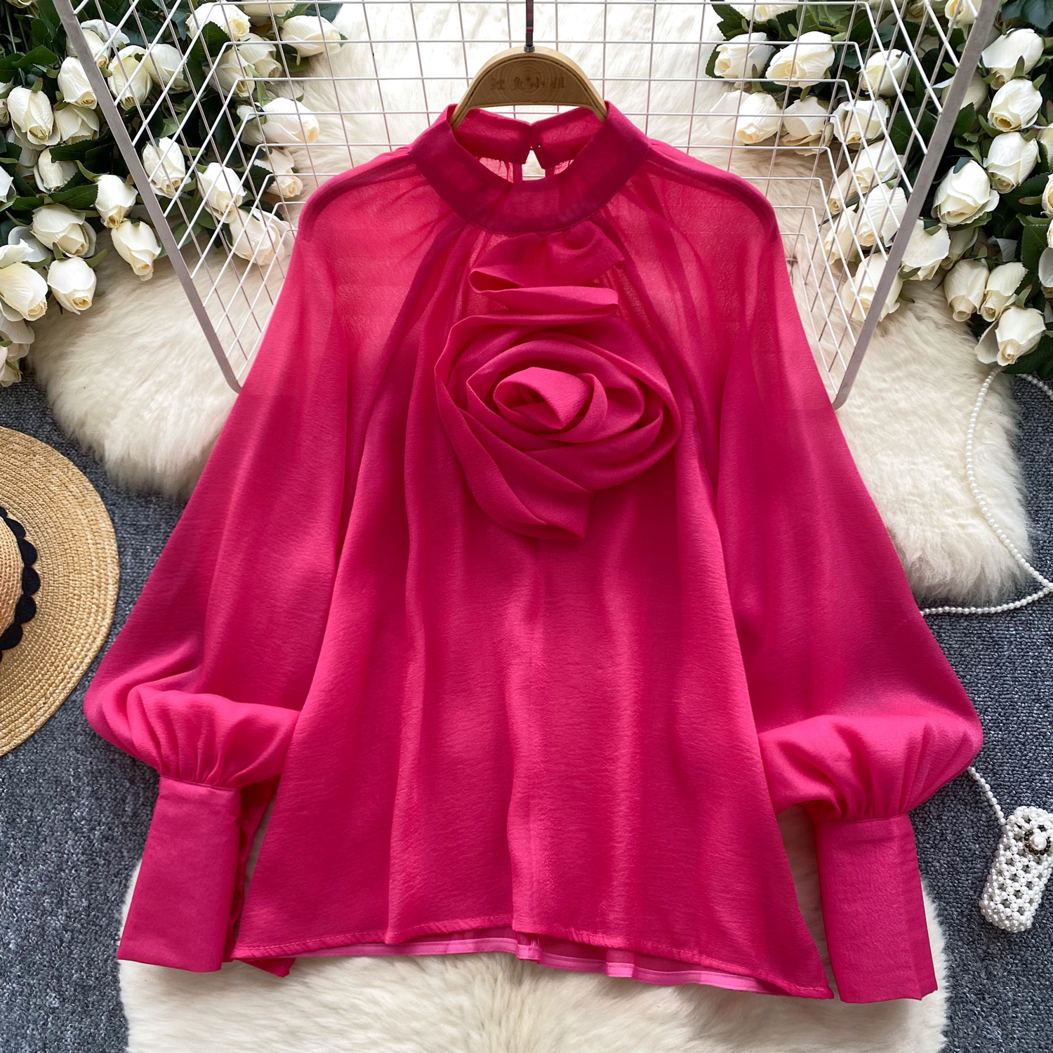 Womens Mock Neck 3D Flower Long Lantern Sleeves Mesh Shirt Fashion Tops - Picture 25 of 30