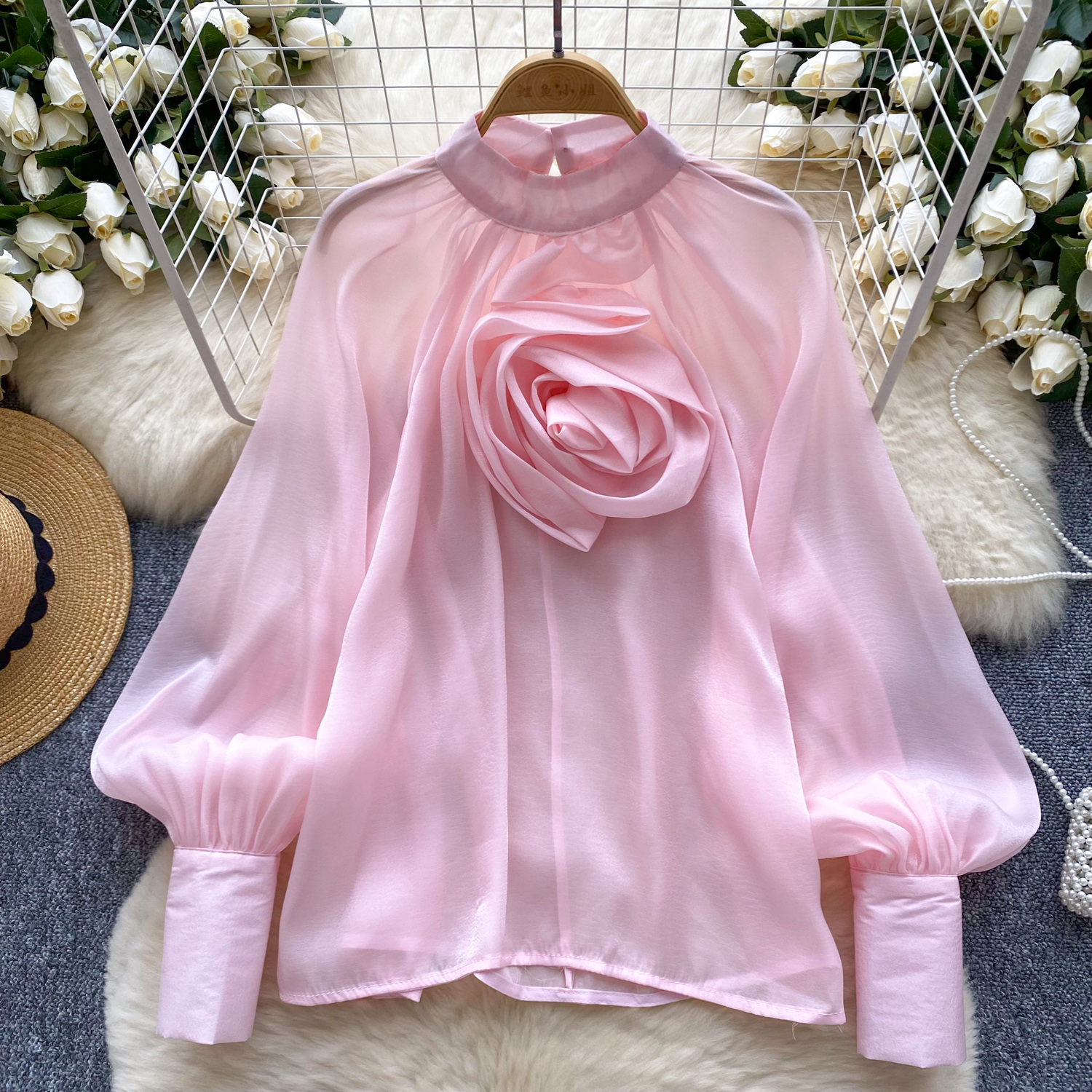 Womens Mock Neck 3D Flower Long Lantern Sleeves Mesh Shirt Fashion Tops - Picture 26 of 30